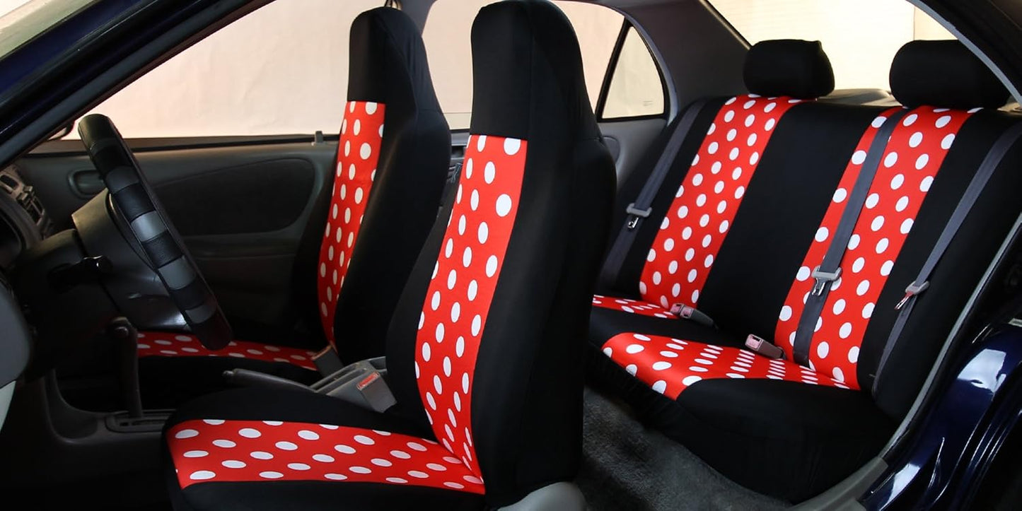 FH-FB115114 Red/Black Semi Customed Fit Solid Polka Dots Flat Cloth Auto Seat Covers Full Set
