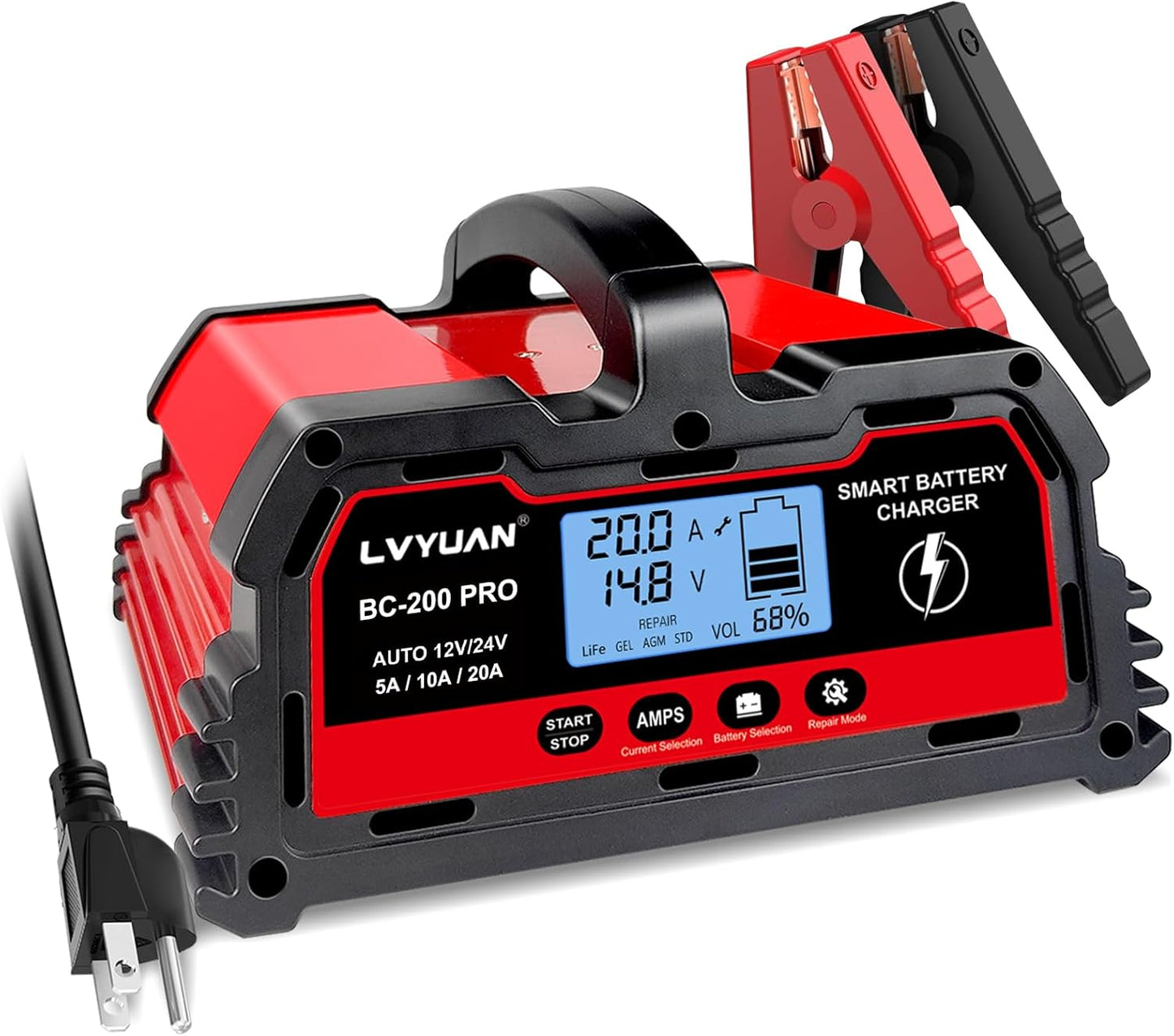 LVYUAN 20A Smart Car Battery Charger, 12V (5/10/20A) and 24V(5/10A) Automotive, Battery Maintainer with LCD Display, Trickle Charger, for Motorcycle, AGM, Lawn Mower and Lead-Acid Batteries