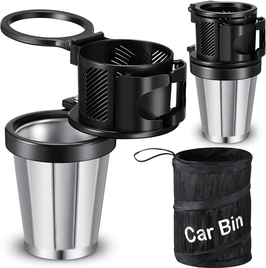 Frienda Car Cup Holder Expander for Car with Cell Phone Stand, Multifunctional Car Cup Holder Adapter for Multiple Cups and Bottles Trash Can Portable Garbage Bin Collapsible, Black