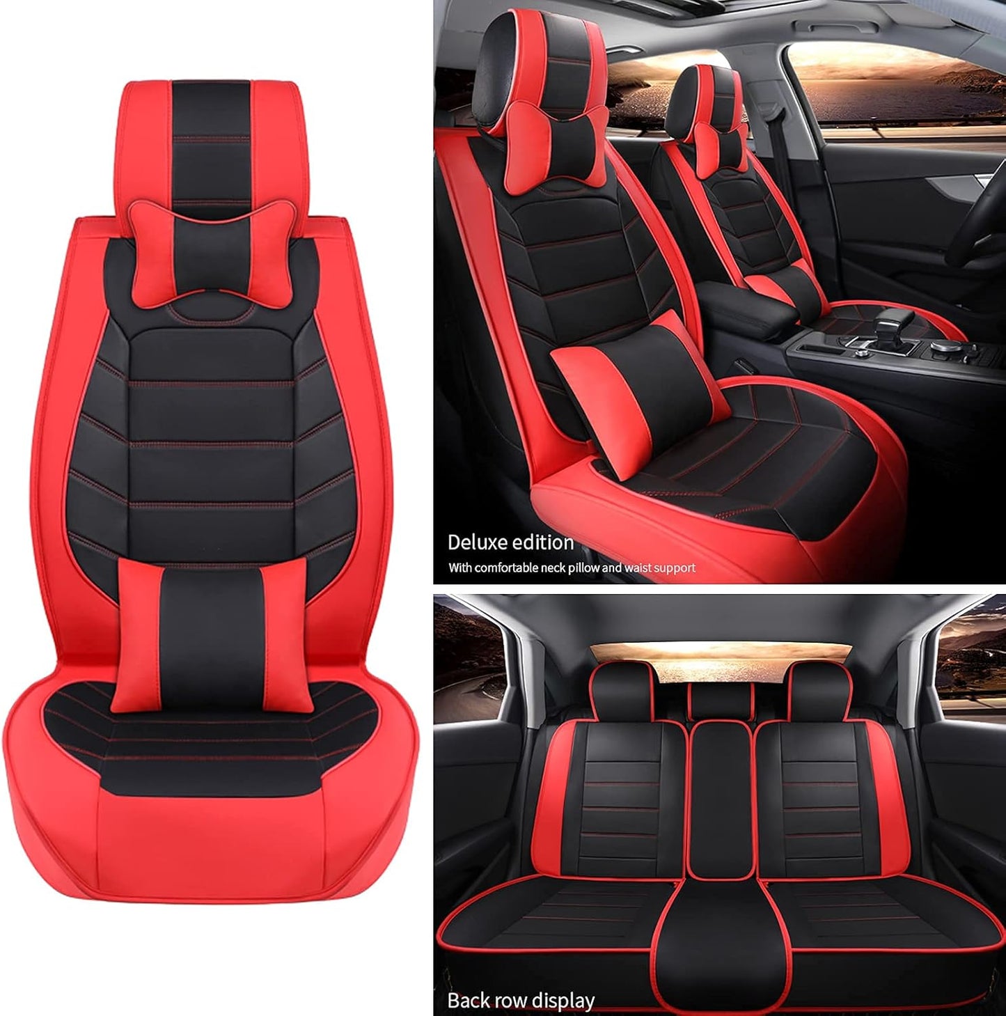JMTBNO Car Full Set Seat Covers, Luxury Car Protectors, Universal Anti-Slip Driver Seat Cover with Backrest Fit for Most Sedans SUVs Cars Minivans (Red)