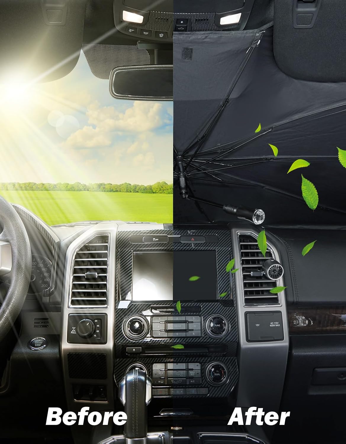 JOYTUTUS Windshield Sun Shade Umbrella Fit for F150, for Full-Size Pickup Truck, Front Window Sun Shade with 360° Rotation Bendable Shaft, Titanium Silver Coating for UV Block, with Car Safety Hammer