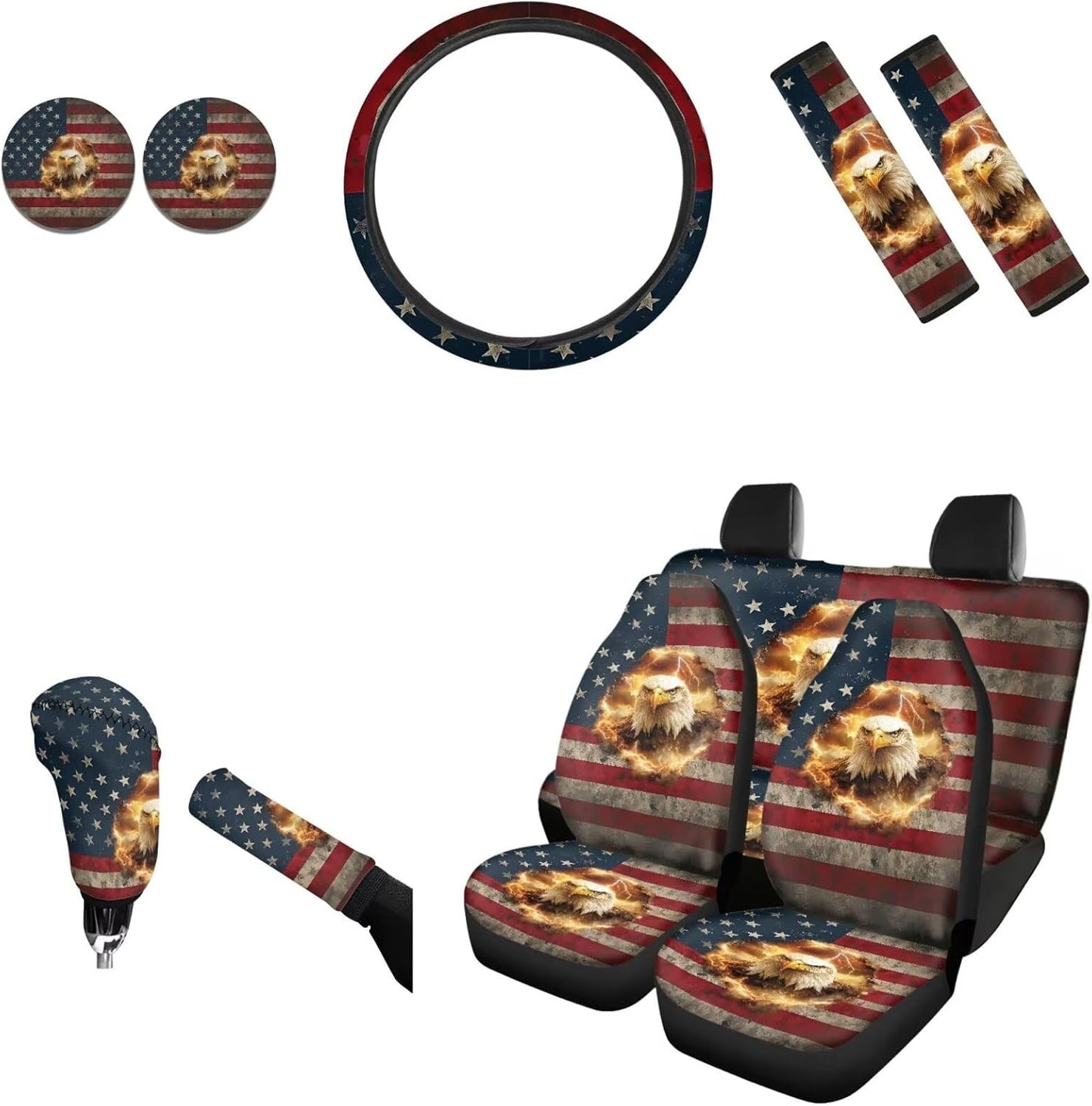 AFPANQZ Nebula Galaxy Car Seat Covers with Steering Wheel Cover, Seat Belt Shoulder Pads, Cup Holder Coasters, Gear Shift Knob and Handbrake Protector Cushion Full Set of 11 for Men Women Gift Navy