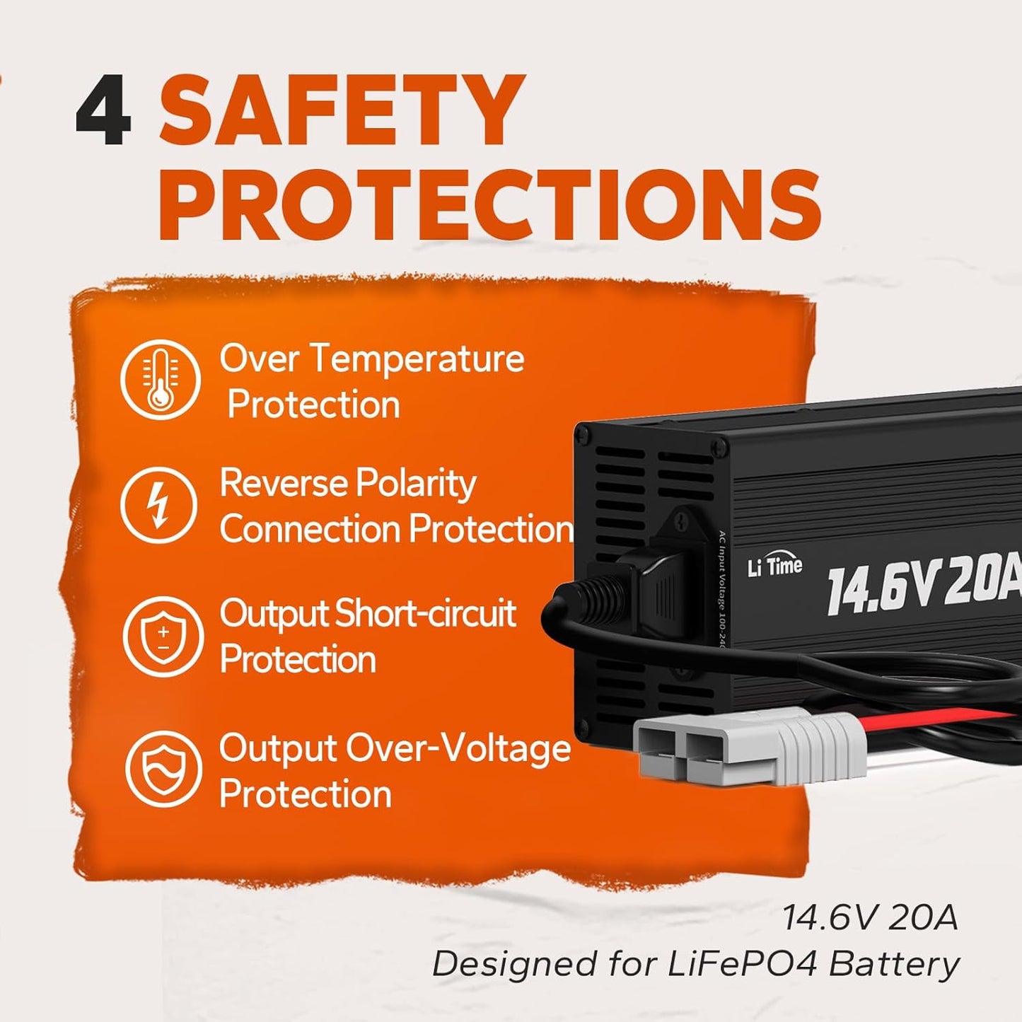 LiTime 12V 20A Lithium Battery Charger 14.6V LiFePO4 Battery Charger AC-DC Charger with Anderson Connector LED Indicator Special for Lithium LiFePO4 Deep Cycle Rechargeable Batteries of Boat, RV