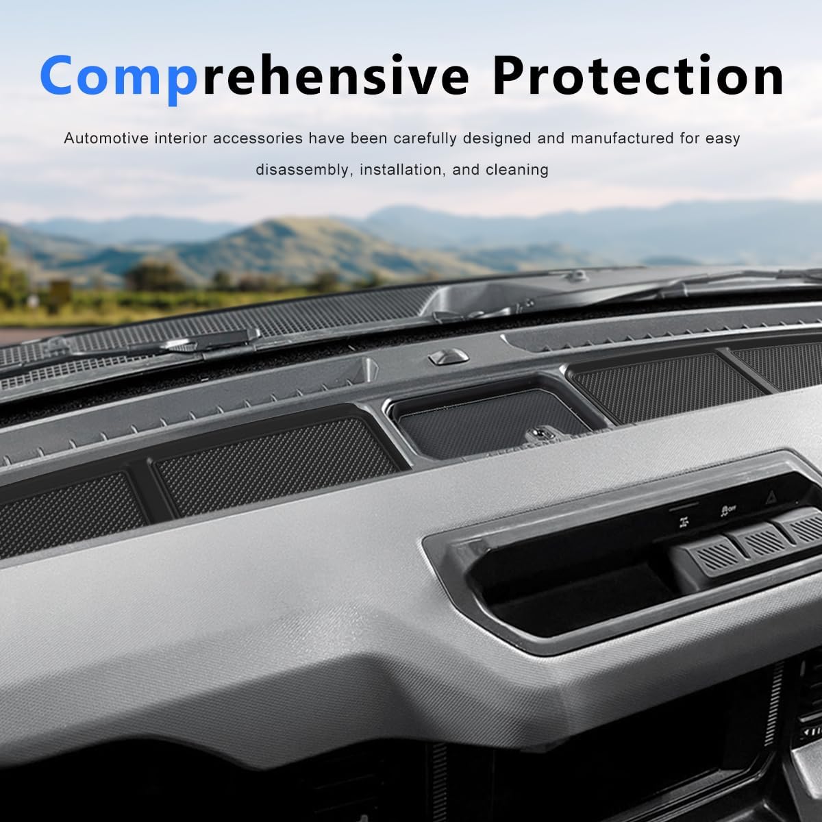Auovo Dash Cover Tray Compatible with Ford Bronco Accessories 2021 2022 2023 2024 2025 Anti-Slip Silicone Dashboard Compartments Mat fit Bronco 2/4-Door Interior Dash Pad Liners 3-pc Set (Black Trim)