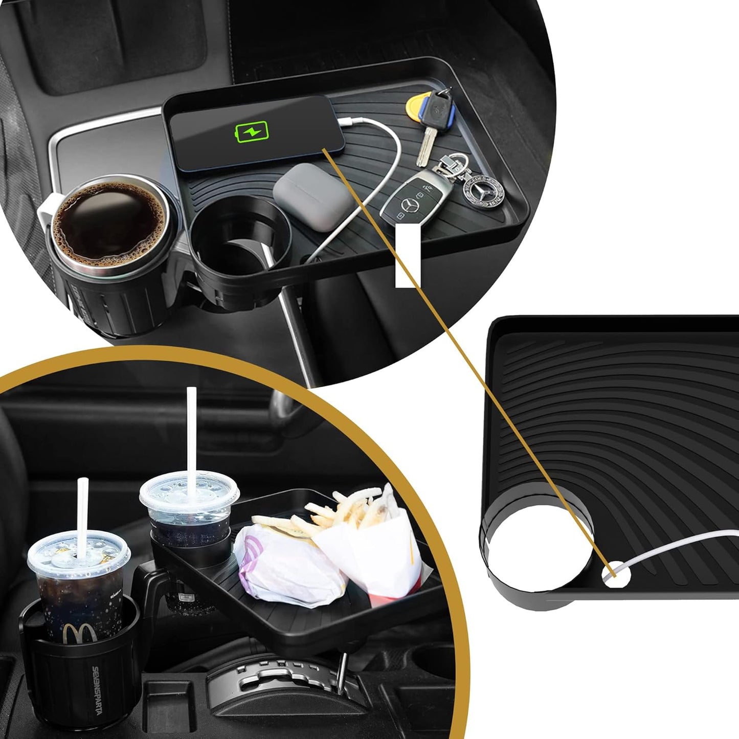 Upgraded Car Cup Holder Tray with Expandable Base Cup Holder Expander for car Compatible with Yeti 14/24/36/46oz Ramblers, Hydro Flasks 32/40oz, Other Large Bottles Mugs in 3.4"-4.0"