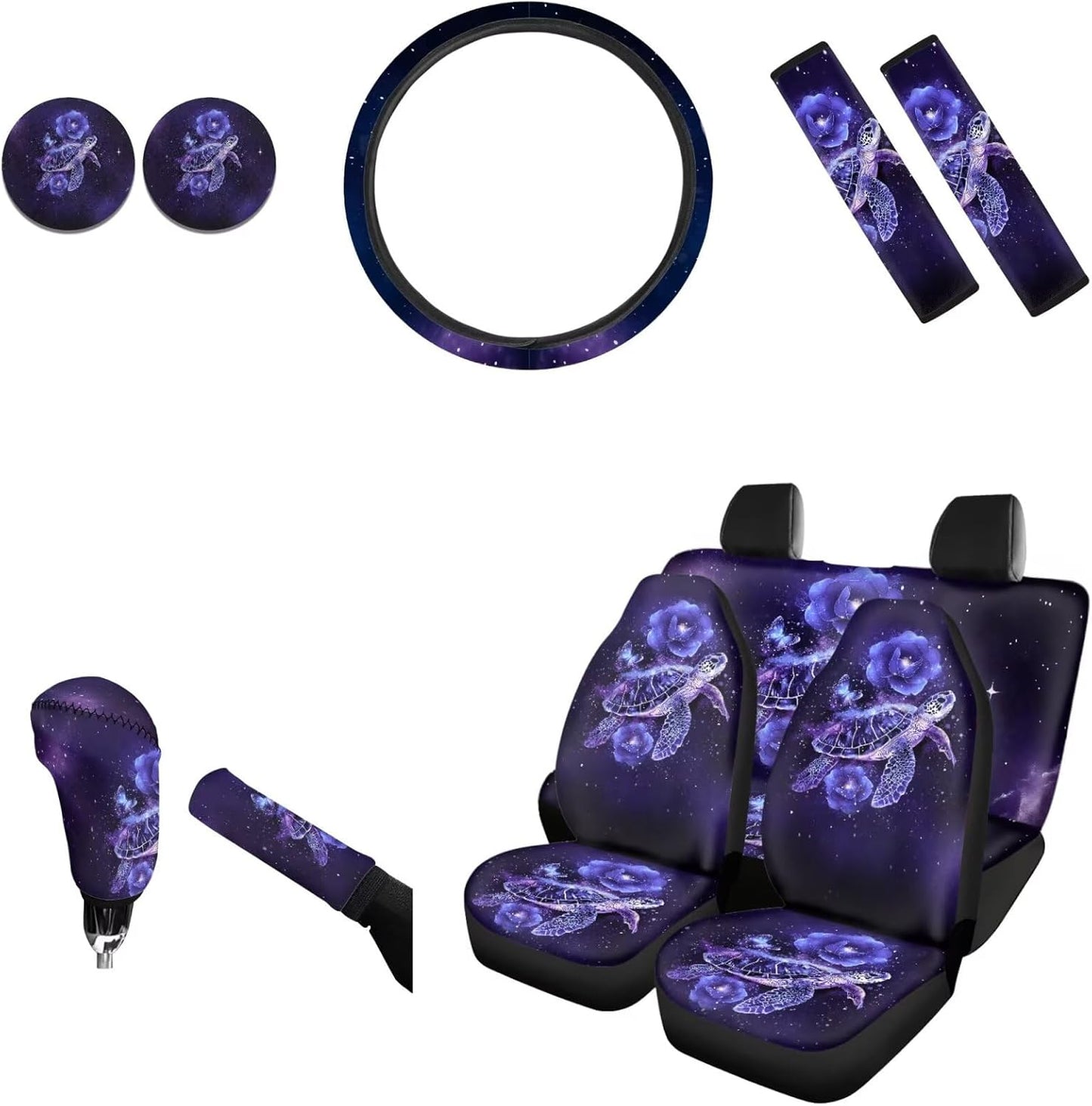 AFPANQZ Nebula Galaxy Car Seat Covers with Steering Wheel Cover, Seat Belt Shoulder Pads, Cup Holder Coasters, Gear Shift Knob and Handbrake Protector Cushion Full Set of 11 for Men Women Gift Navy