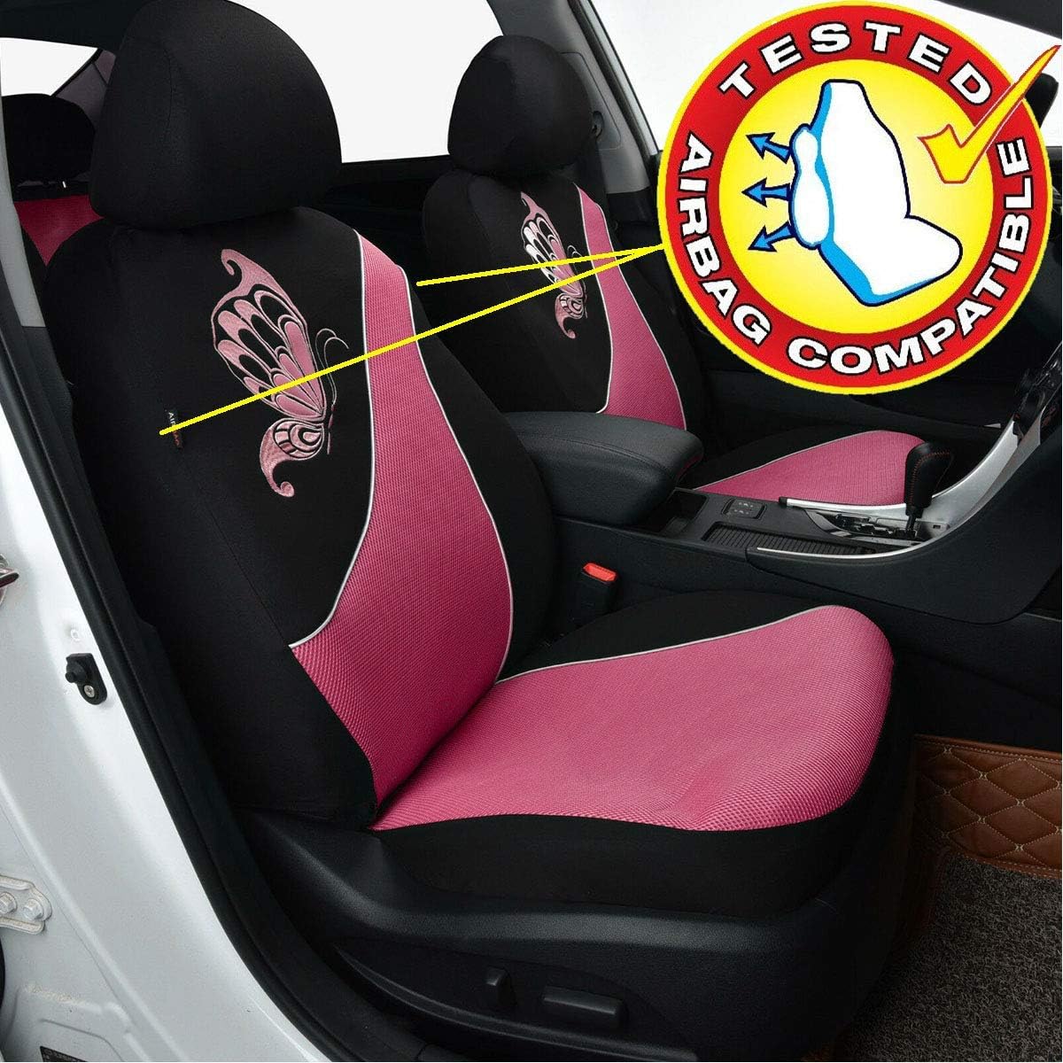 Flying Banner Car Seat Covers Full Set 11 PCS | Rear Bench with 3 Zippers | Butterfly Embroidery Stitched Mesh Black with Pink Color