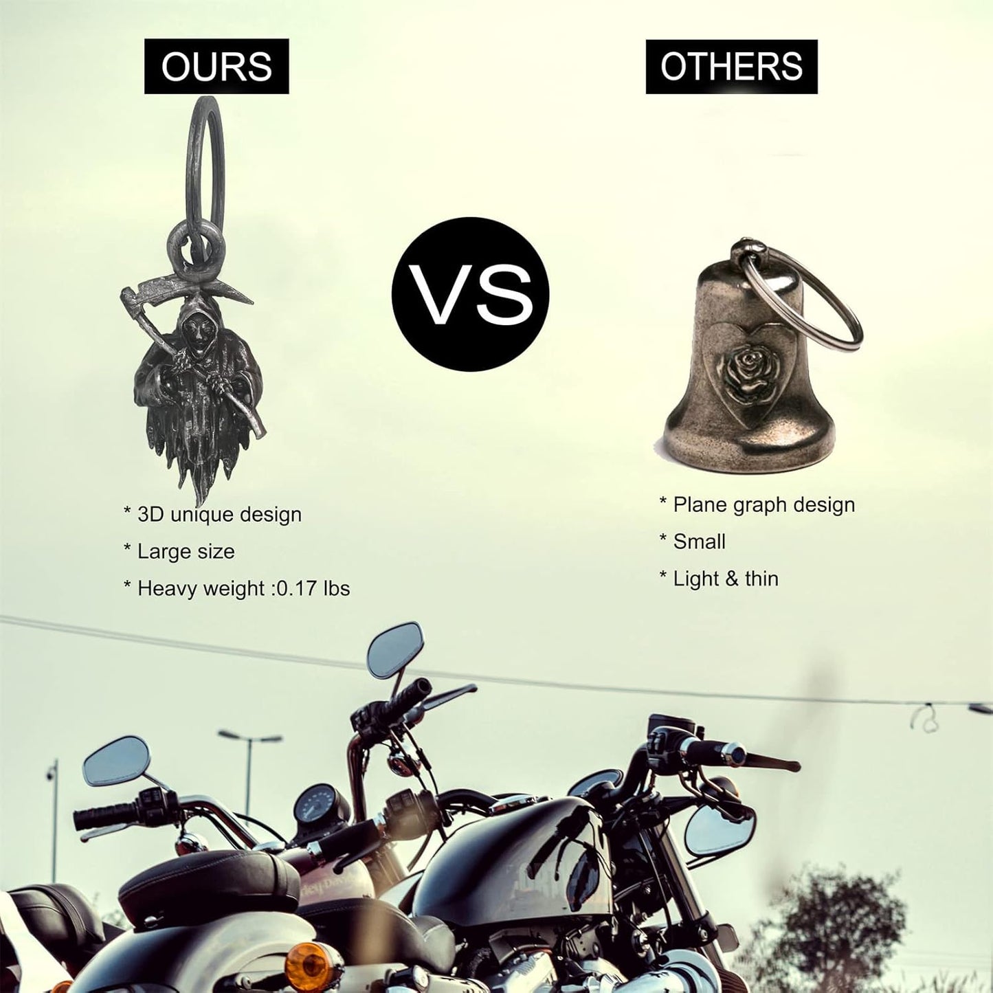 【2Pack】Motorcycle Bells for Biker Good Luck Guardian Riding Bells with Hanger Motorcycle Accessory or Keychain for Luck, Grim Reaper*2, Medium