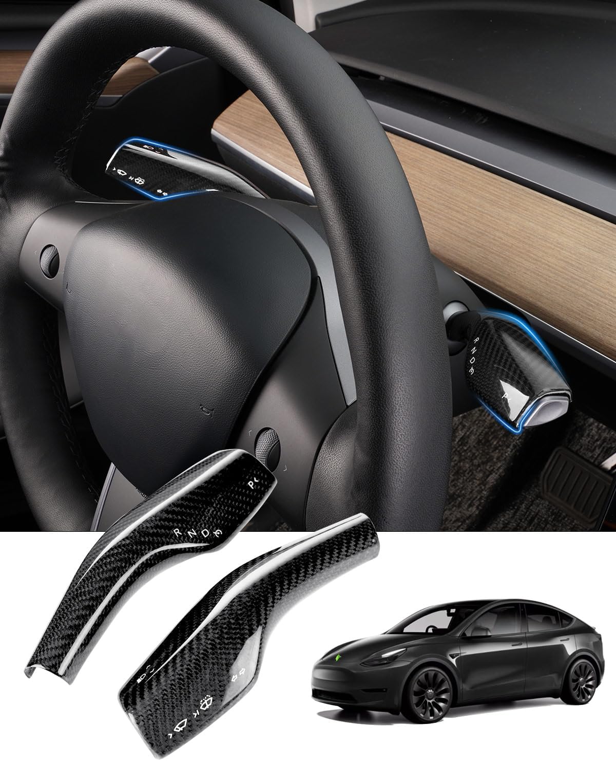Shademax 2PCS Real Carbon Fiber Steering Lever Gear Shift Cover for Tesla Model Y 2020-2024 2025/2017-2024 Tesla Model 3 Accessories Column Steering Lever Cover Steering Wheel Decorative