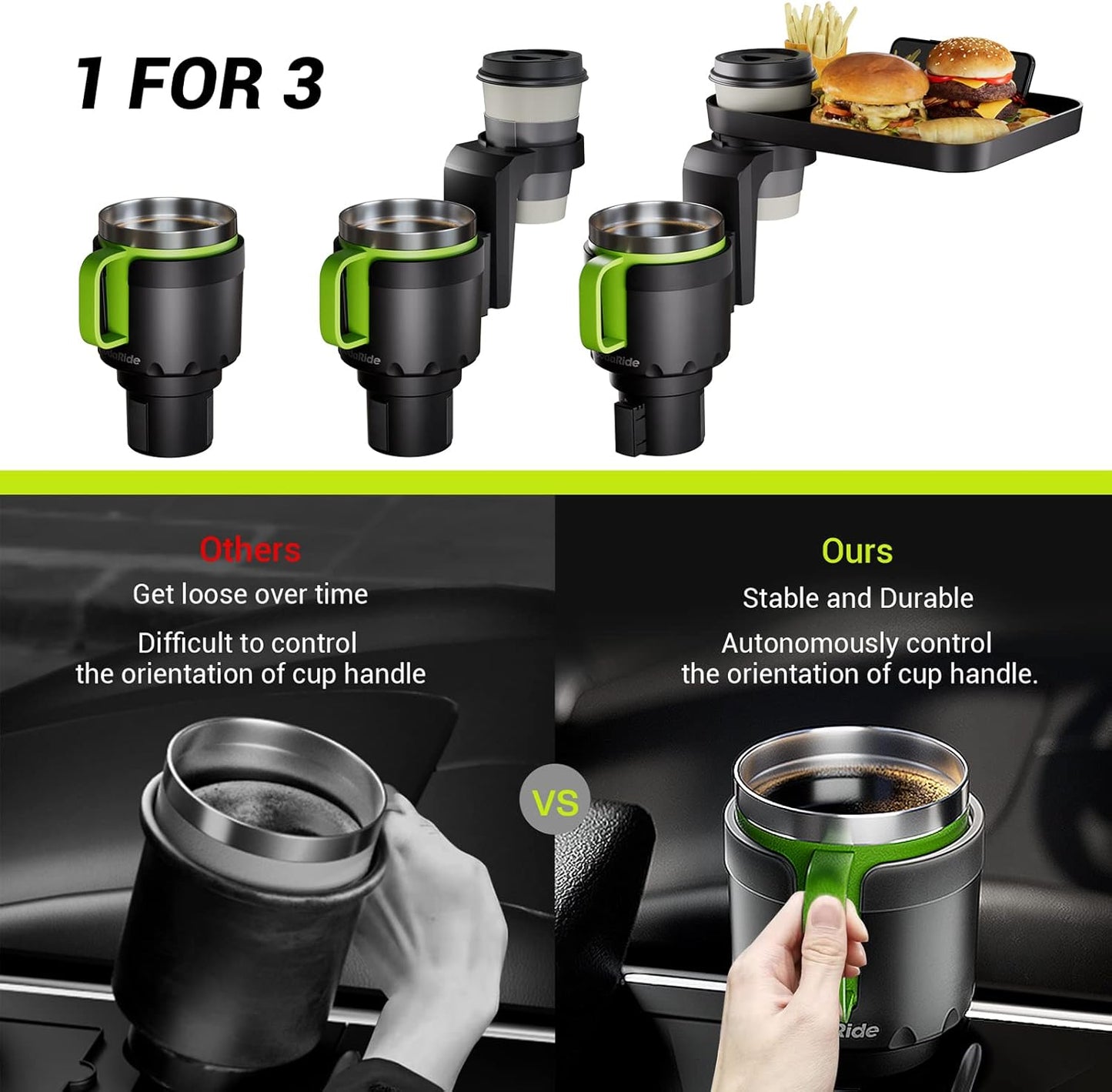 SodaRide Car Cup Holder Expander Large Size Detachable Food Tray, 1 for 3 Drink Holder Adapter with Solid Base - Fits Yeti, Hydro Flask, Nalgene, 32/40 oz, Road Trip Essential Car Travel Accessories