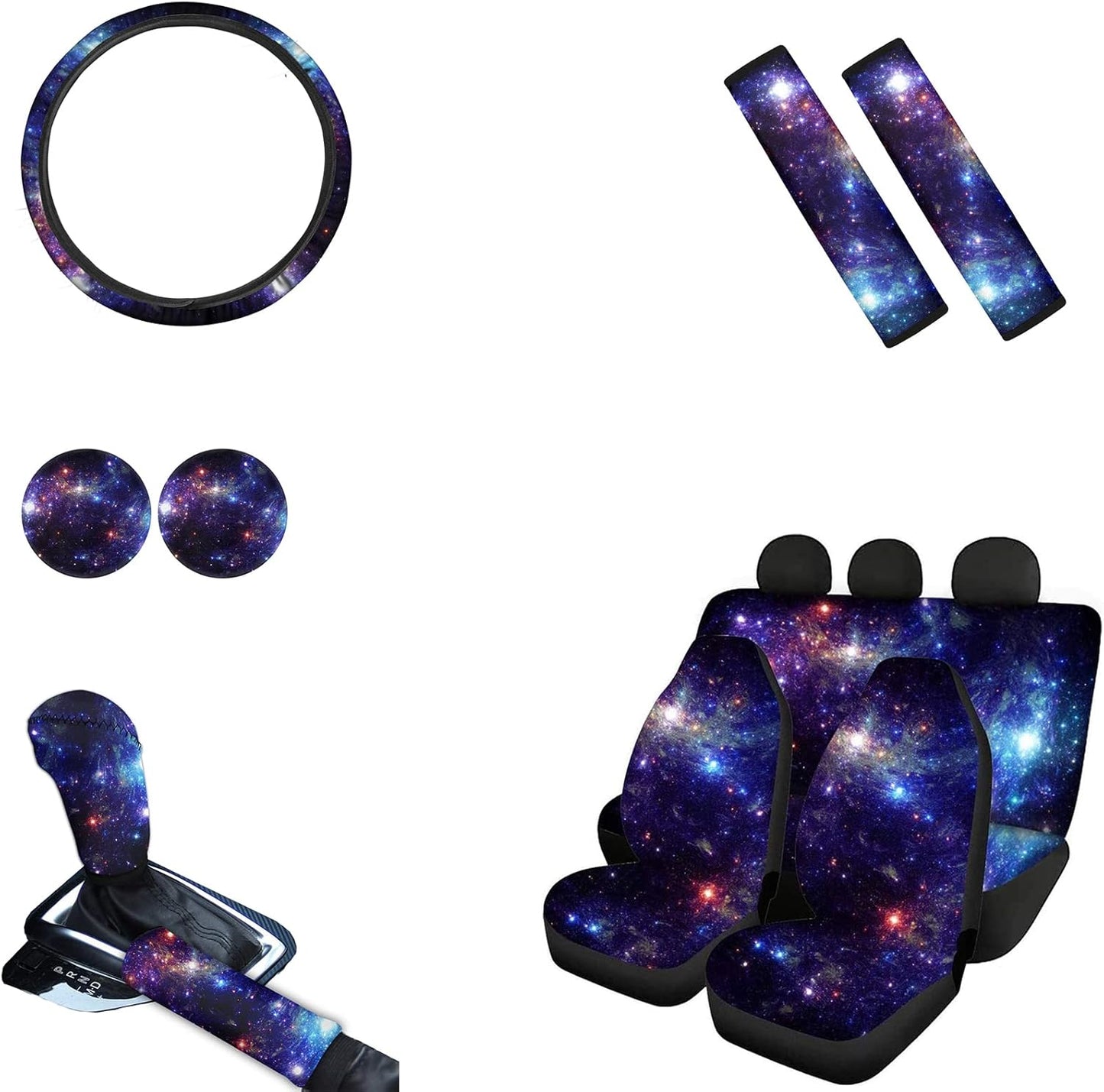 AFPANQZ Nebula Galaxy Car Seat Covers with Steering Wheel Cover, Seat Belt Shoulder Pads, Cup Holder Coasters, Gear Shift Knob and Handbrake Protector Cushion Full Set of 11 for Men Women Gift Navy