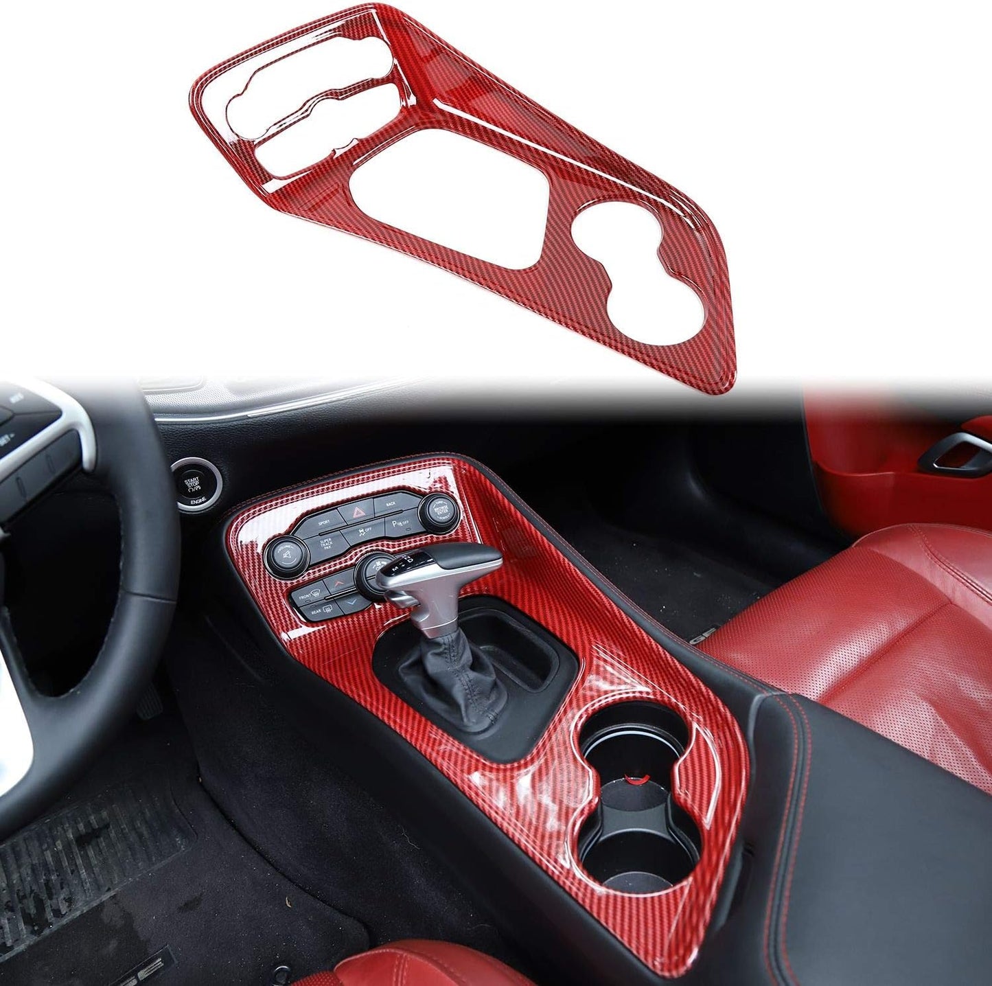 Voodonala Gear Shift Shifter Panel Shift Lever Panel Transmission Gear Selector Gearstick Panel Cover Trim Fit for 2015-2024 Dodge Challenger Interior Accessories ABS Red
