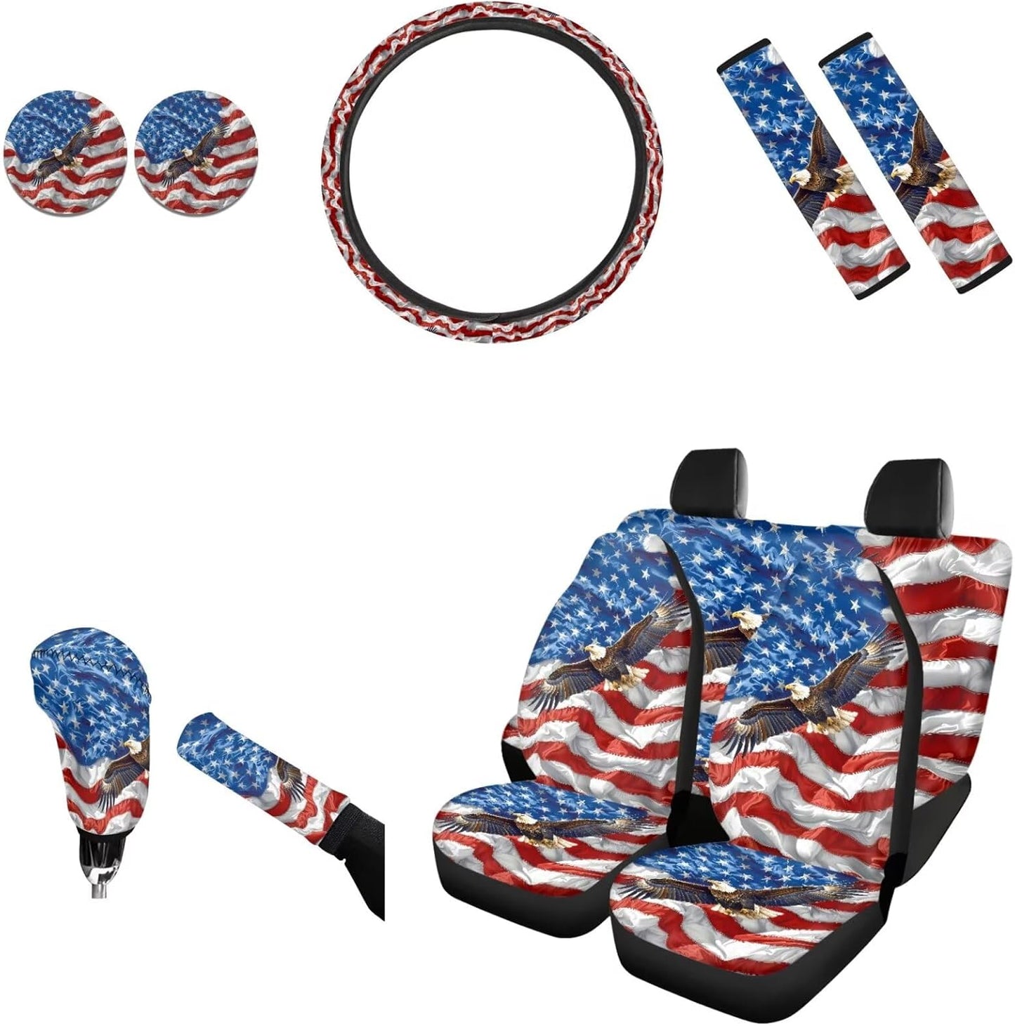 AFPANQZ Nebula Galaxy Car Seat Covers with Steering Wheel Cover, Seat Belt Shoulder Pads, Cup Holder Coasters, Gear Shift Knob and Handbrake Protector Cushion Full Set of 11 for Men Women Gift Navy