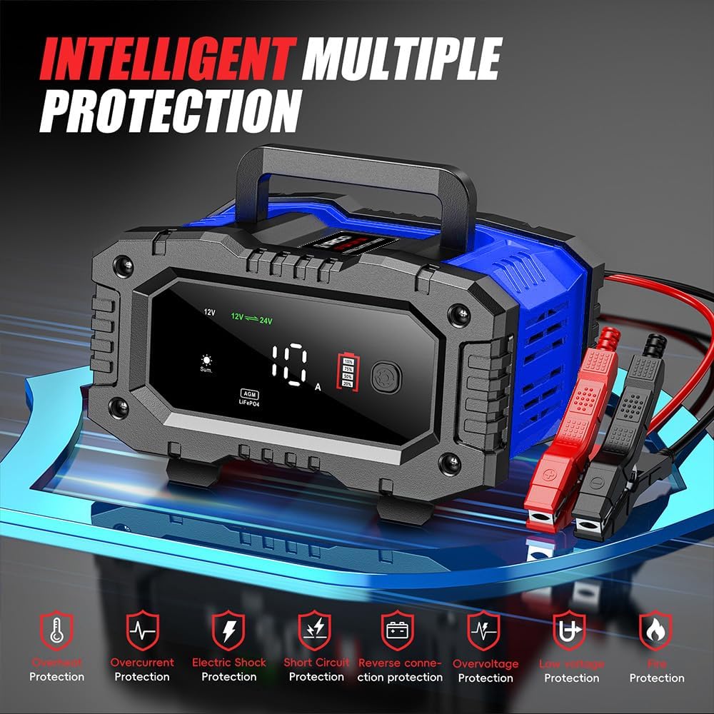 IRICO Multi-Stage Smart Battery Charger for Lithium-ion, LifePo4, AGM, Gel, SLA, Wet, EFB, Deep Cycle Batteries, with Repair Feature. Charge at 12V, 20A or 24V 10A