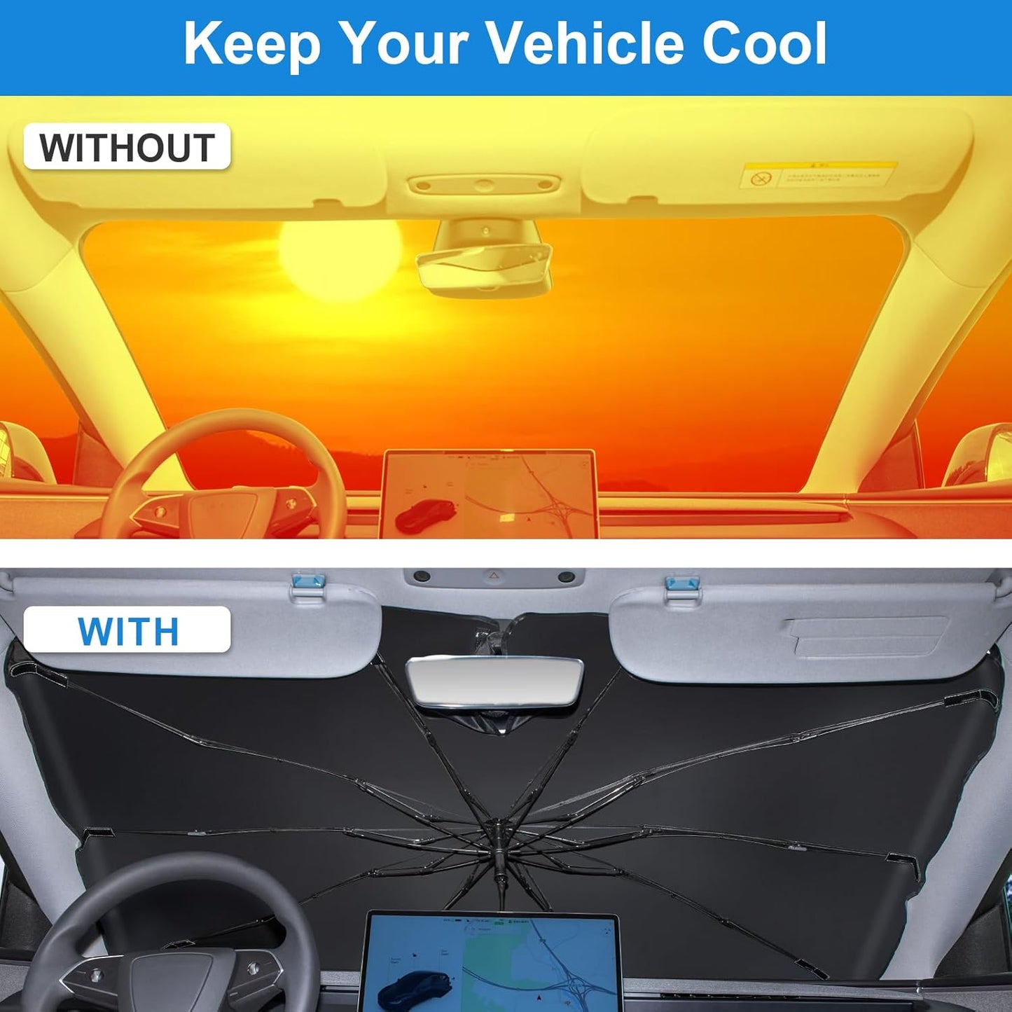 Spurtar Sunshade Umbrella Fit for Tesla Model 3 / Model Y, Rustproof Car Window Shades Upgraded Fiberglass Automotive Windshield Foldable Accessories UV Block Heat Window Insulation Protection 57"x34"