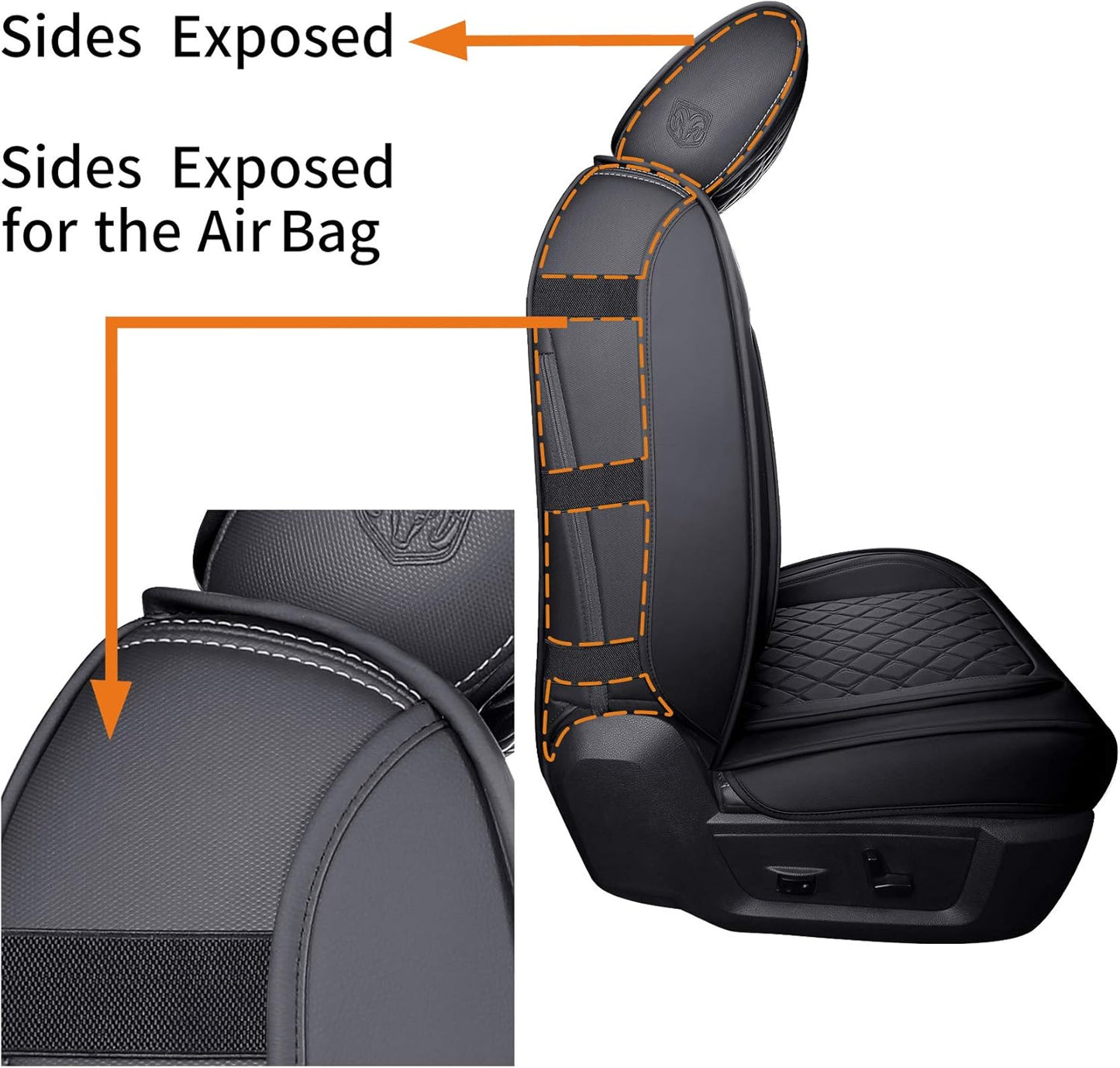 Aierxuan 2 PCS Front Seat Covers for Dodge Ram Custom Fit 2009-2025 1500/2500/3500 Pickup Truck Crew Quad Regular Cab Waterproof Leather Cushions(2 PCS Front/Black)