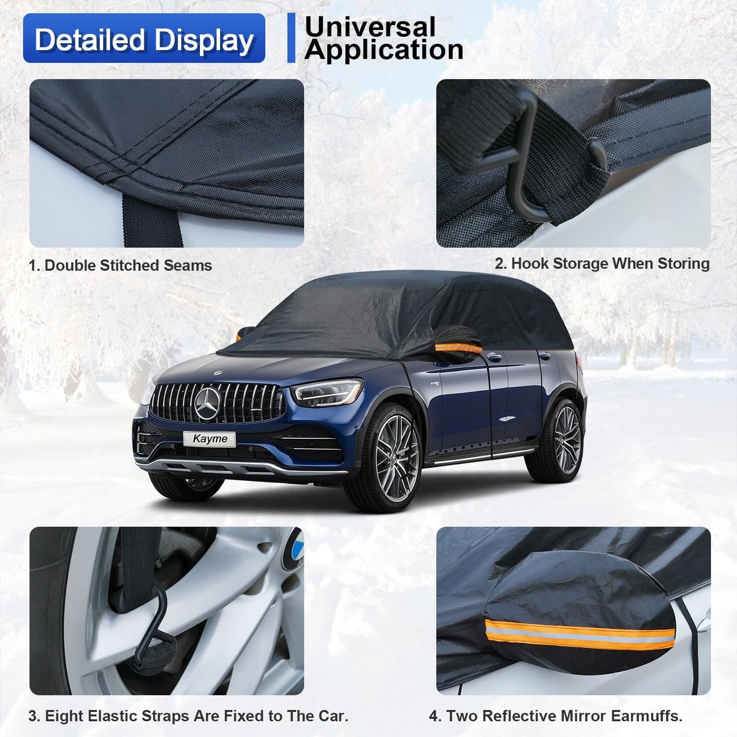 Kayme Half Car Cover, Windshield Cover for SUV, Waterproof, Snowproof, Sun Protection, Black, Universal Fit SUV (157 * 59 * 23 inch)