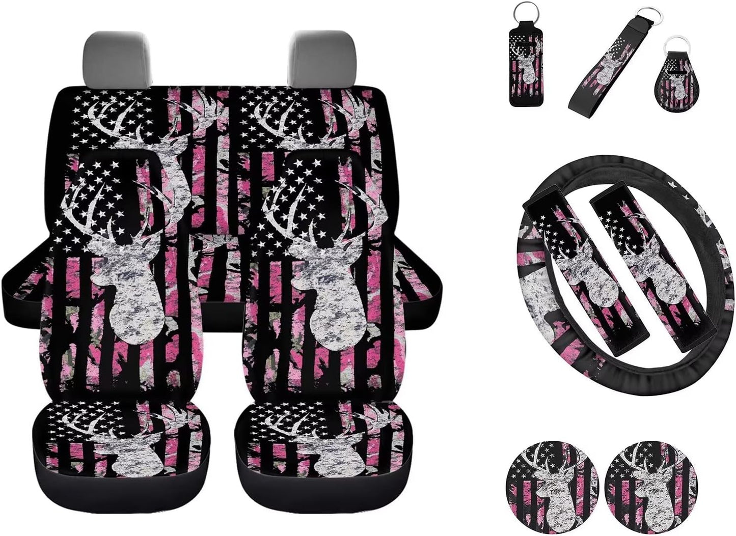 Wideasale Blue Camo Oak Hunting 12Pc Car Seat Covers Full Set/Steering Wheel Covers/Seat Belt Pads/Key Chain/Coaster/Lipstick Holder Universal Auto Accessories Interior Protector Universal Fit
