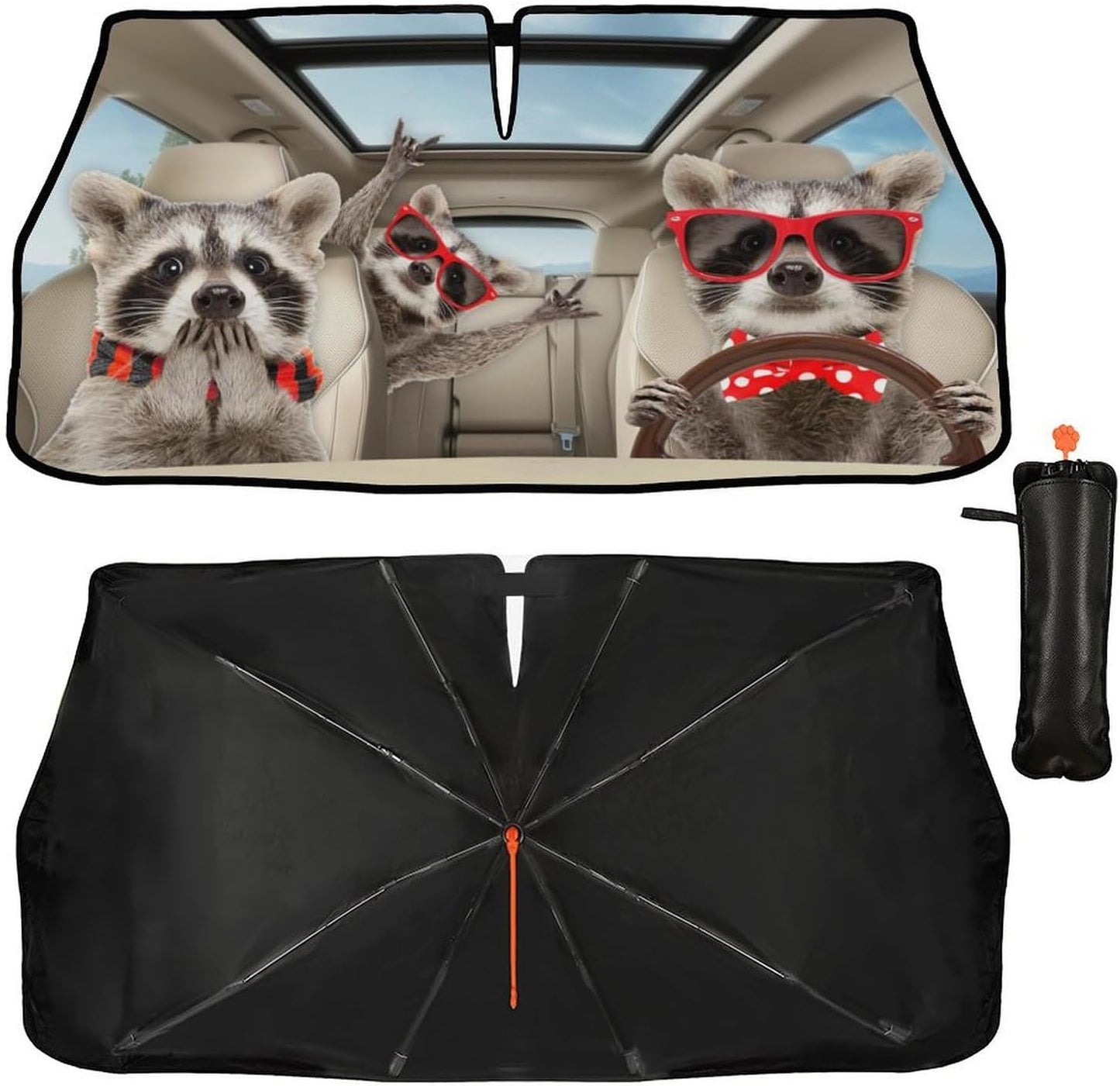 CHILL·TEK Funny Animals Car Windshield Umbrella, Raccoons Sun Shade Umbrellas for Car Front Window, Block UV Rays Foldable Windshield Umbrella Sun Visor Protector-Keep Vehicles Cool for Most Vehicles