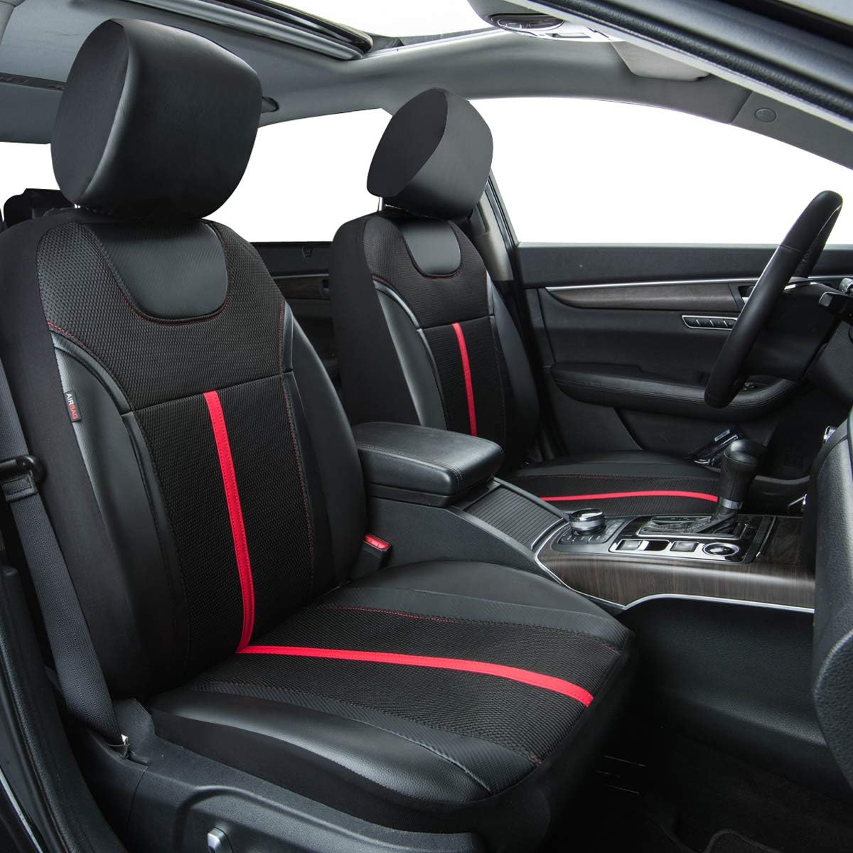 CAR PASS Sporty Carbon Leather Universal Car Seat Cover with Zipper Design, Fit for Suvs, Vans, Sedans, Trucks, Airbag Compatible (Carbon Leather Full Set, Black-Red)