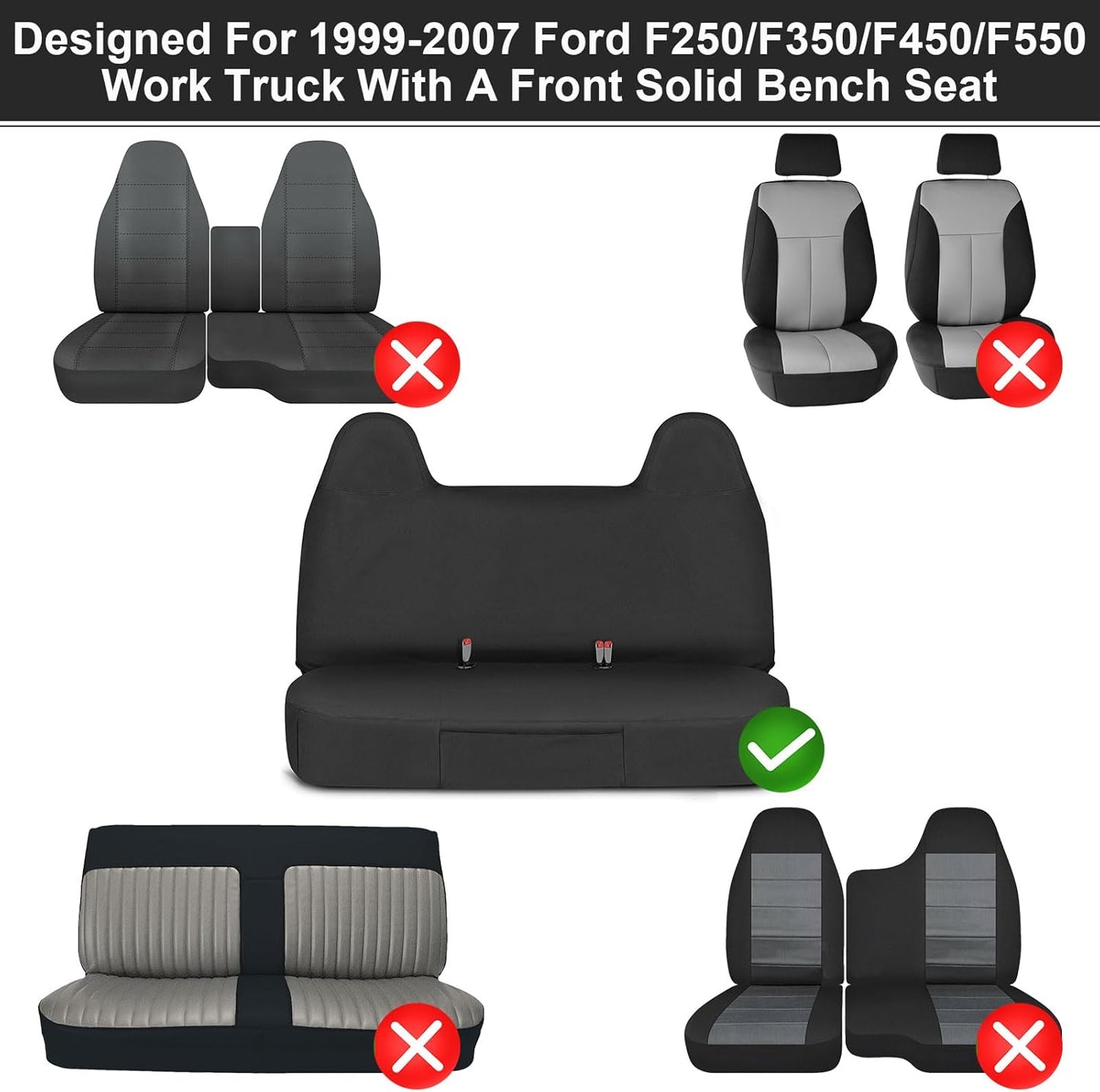 Front Bench Seat Cover Compatible with 1999-2007 Ford F250/F350/F450/F550 Work Truck with Front Solid Bench Seat, 600D Oxford Cloth Heavy Duty Waterproof Non-Slip Custom-fit Front Bench Seat Cover