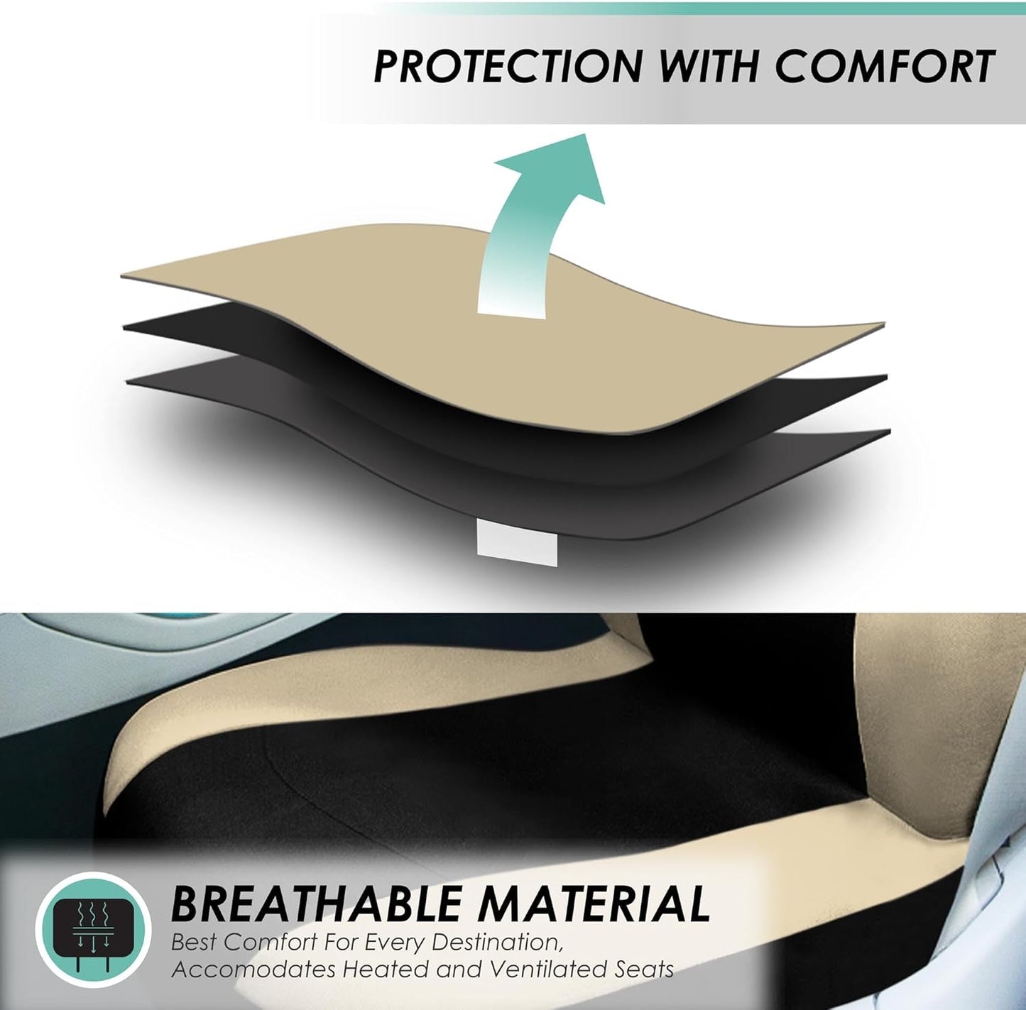 FH Group Light & Breezy Cloth Car Seat Covers, 7 Seater Three Row Set- Airbag & Split Ready -Universal for Cars Trucks and SUVs Beige/Black