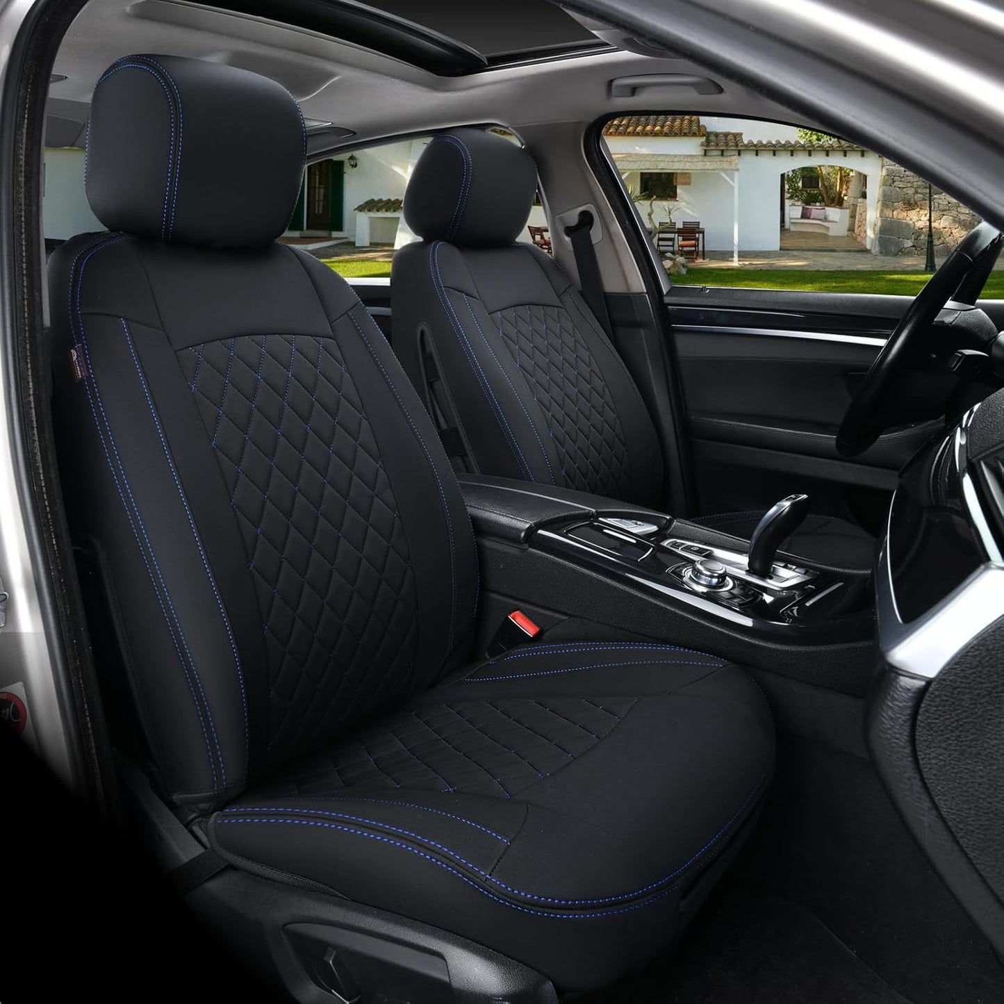 Coverado Front Car Seat Covers, 2 Pack Car Seat Protector, Waterproof Seat Covers, Neoprene Car Seat Cushion, Driver Black Seat Covers Universal Fit for Most Cars Trucks Vans SUV (Black-Blue)
