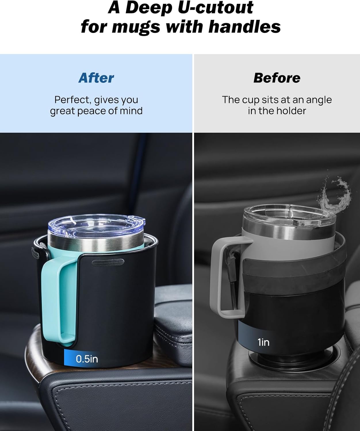 JOYTUTUS Upgraded Car Cup Holder Expander with Offset Base, Compatible YETI, Hydro Flask, Nalgene, for Hold 18-40 oz Bottles and Mugs, Other in 3.4''-3.8'' (2 Pack), Black