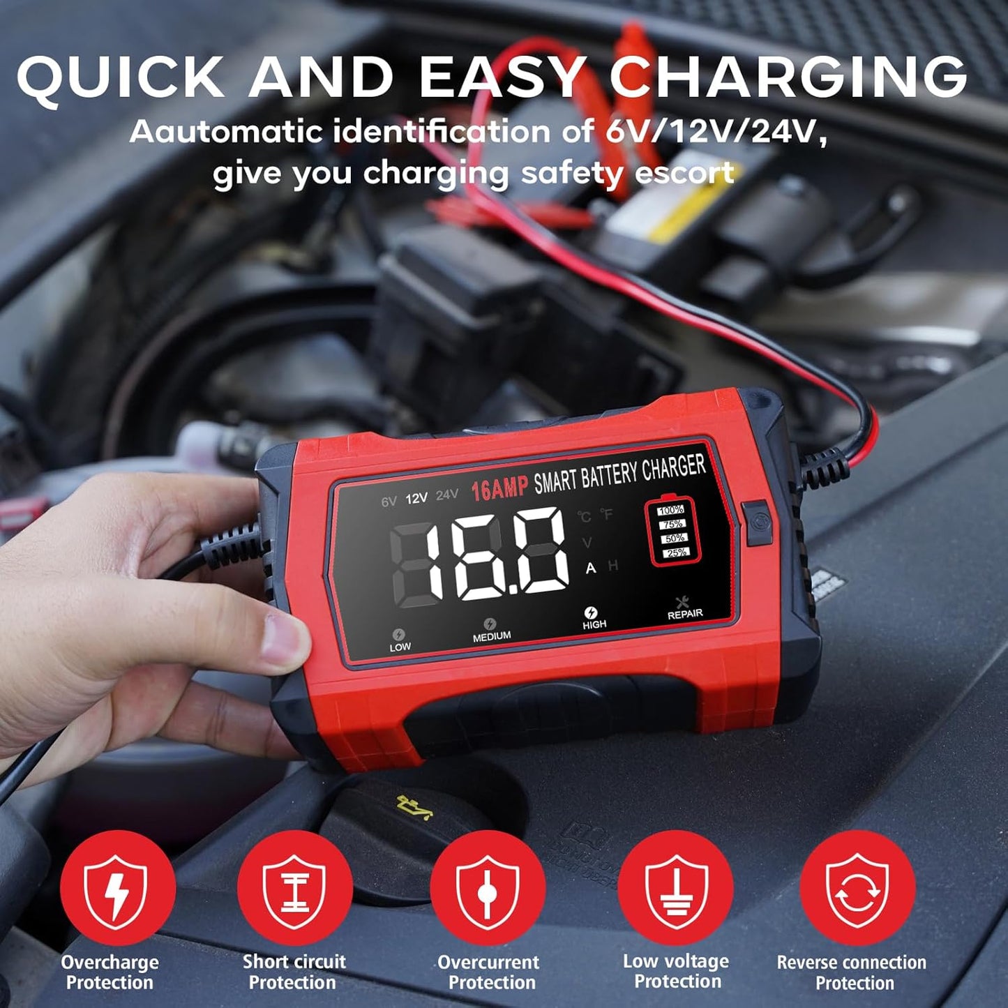 16-Amp Battery Charger, 12V 24V Lithium LiFePO4 Lead Acid Car Battery Charger 10-Stage Trickle Charger Smart Battery Maintainer w/Temp Compensation for Car Truck Lawn Mower Boat Marine