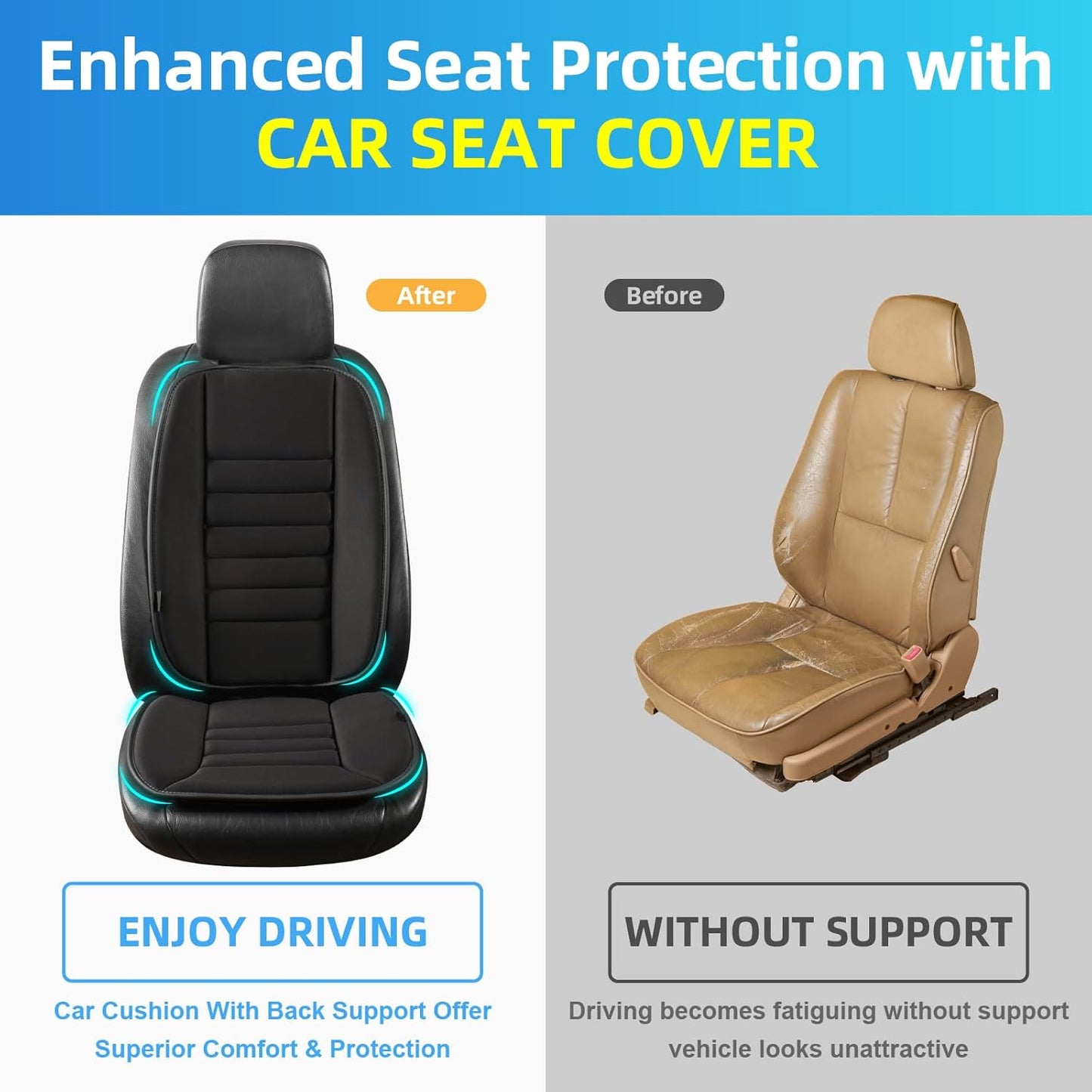 Car Seat Cushion with Lumbar Support Pillow: Front Back Cushion & Seat Cushion Full Set, Comfy Memory Foam Driving Cushion for Back-Sciatica Pain Relief, Seat Pad Suitable for Car, Truck, SUV - Black