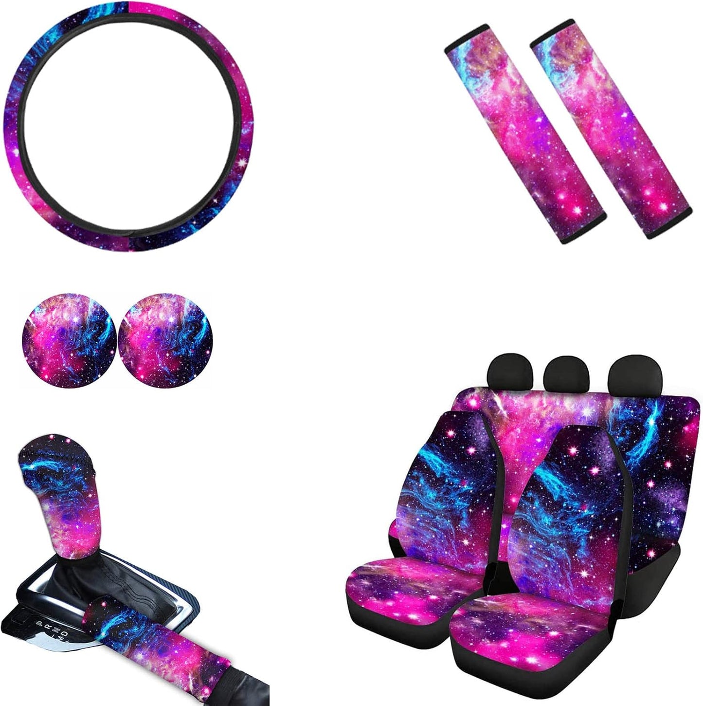 AFPANQZ Nebula Galaxy Car Seat Covers with Steering Wheel Cover, Seat Belt Shoulder Pads, Cup Holder Coasters, Gear Shift Knob and Handbrake Protector Cushion Full Set of 11 for Men Women Gift Navy