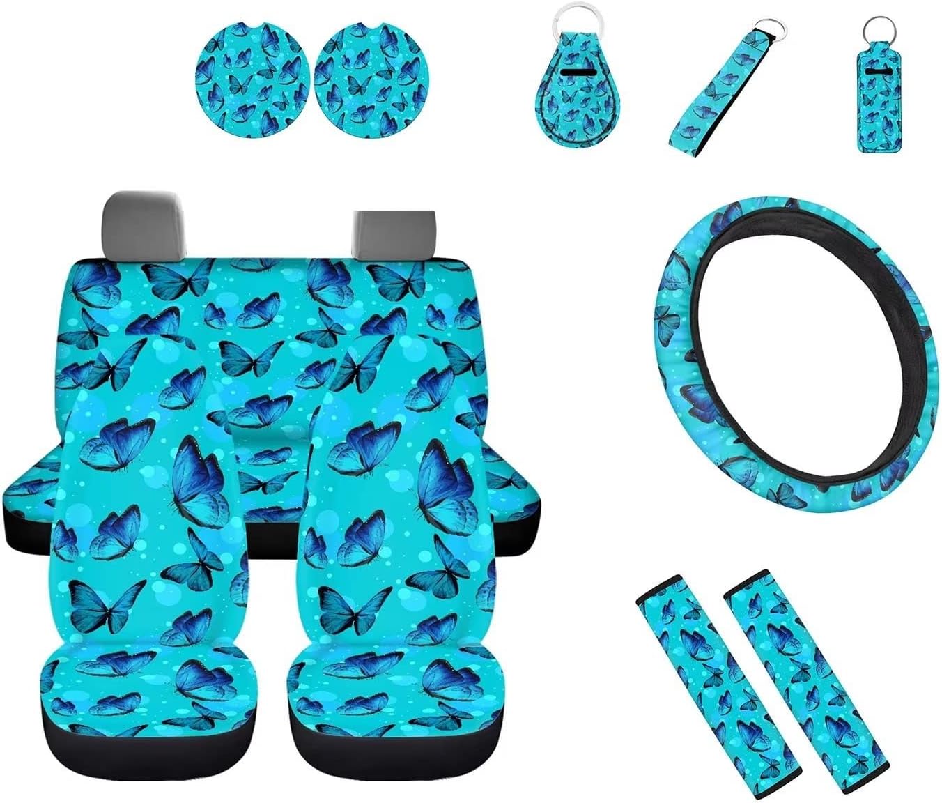 Wideasale Blue Camo Oak Hunting 12Pc Car Seat Covers Full Set/Steering Wheel Covers/Seat Belt Pads/Key Chain/Coaster/Lipstick Holder Universal Auto Accessories Interior Protector Universal Fit