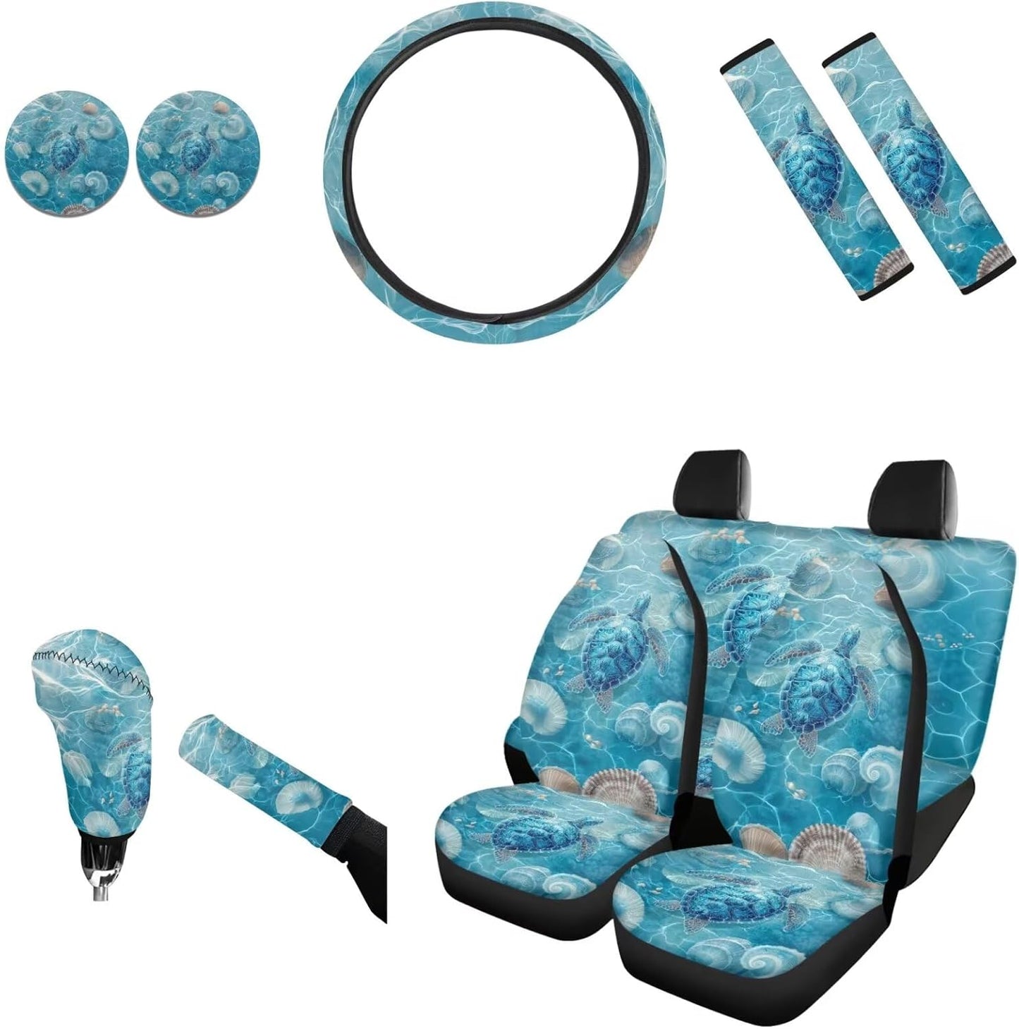 AFPANQZ Nebula Galaxy Car Seat Covers with Steering Wheel Cover, Seat Belt Shoulder Pads, Cup Holder Coasters, Gear Shift Knob and Handbrake Protector Cushion Full Set of 11 for Men Women Gift Navy