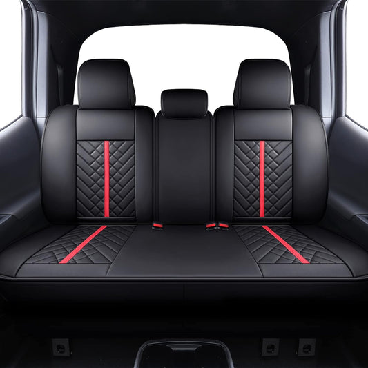Tomatoman Toyota Tacoma Rear Seat Covers 2005-2024 2025 TRD Sport Off Road Limited SR5 V6 Crew Double Extended Cab Truck Airbag Compatible Back Car Cushions with Faux Leather(Rear Seat/Black-Red)