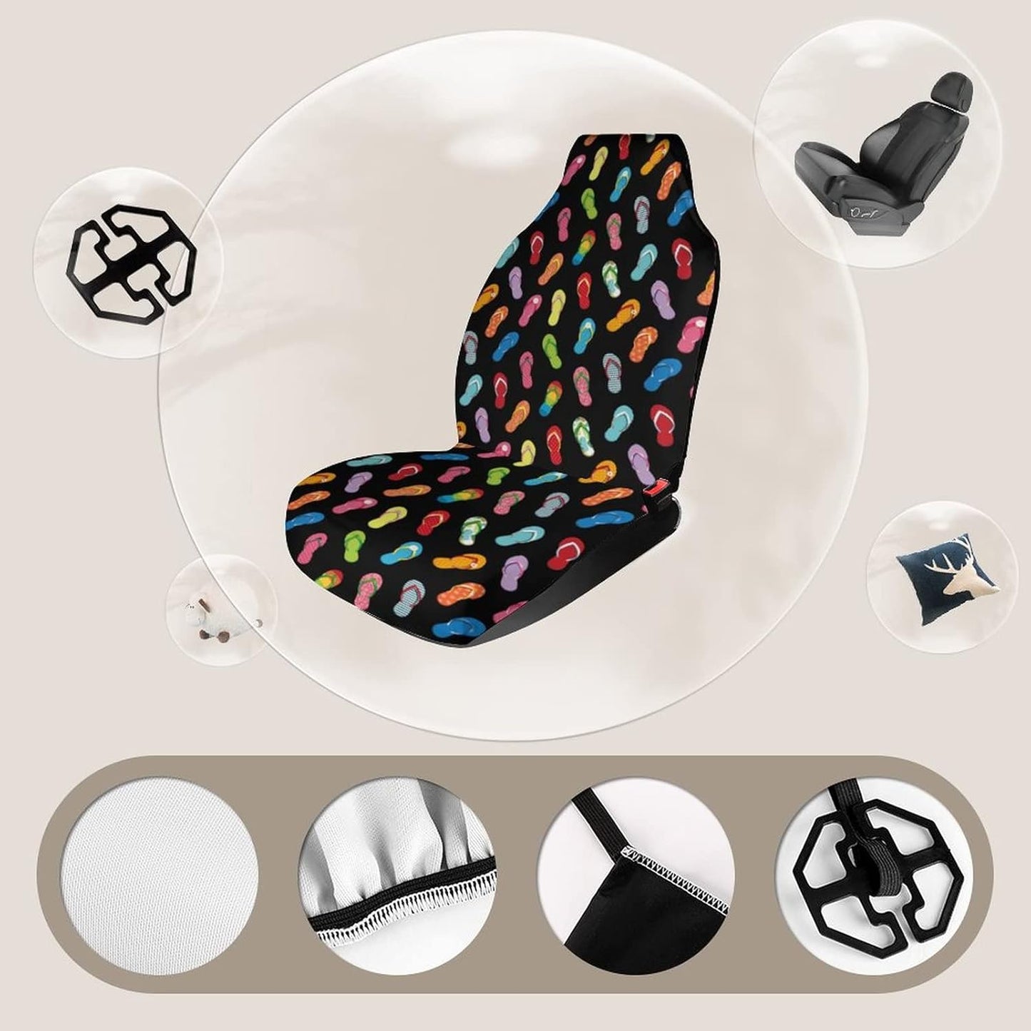 Colorful Flip Flops Car Seat Cover Front Seats Cover Elastic Automotive Seat Protective Case Fit Cars, SUVs, Trucks