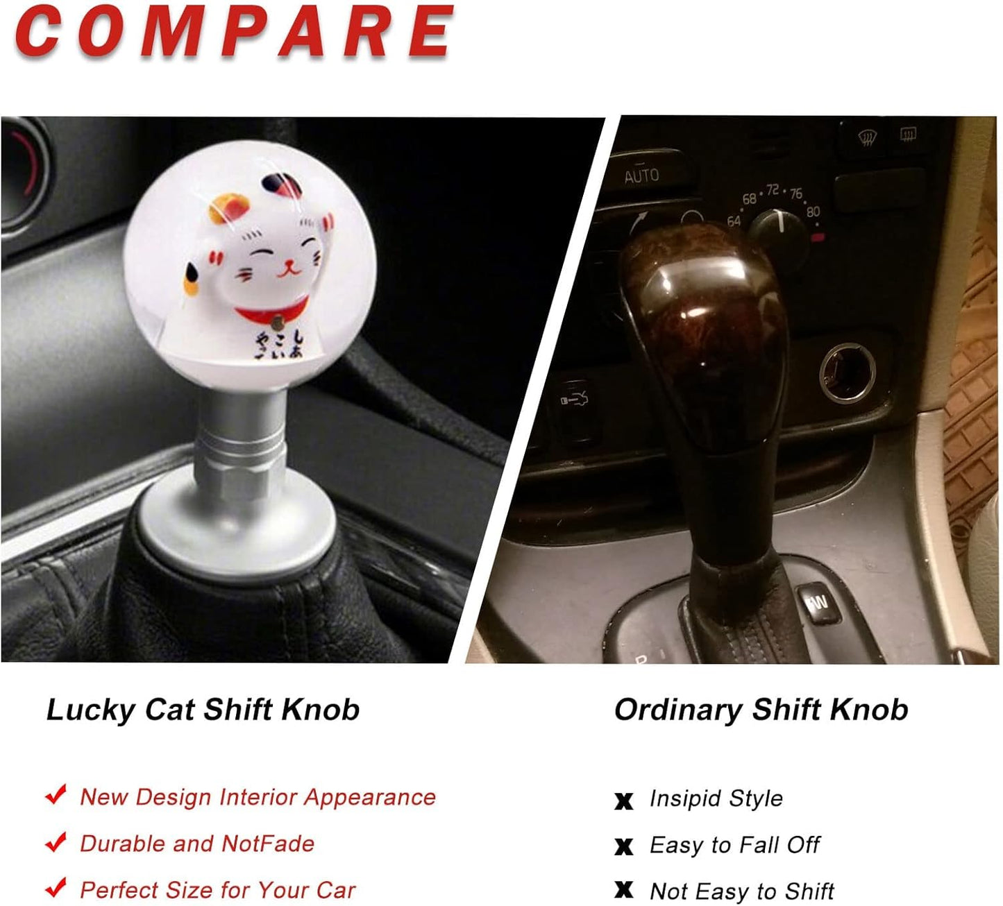 RYANSTAR Universal Acrylic Shift Head Cute Fortune Lucky Cat Round Ball Shift Knob Manual Gear with 3 Thread Adapters M12X1.25 M10X1.5 M10X1.25 M8x1.25 Adapter for Car Repair Refit