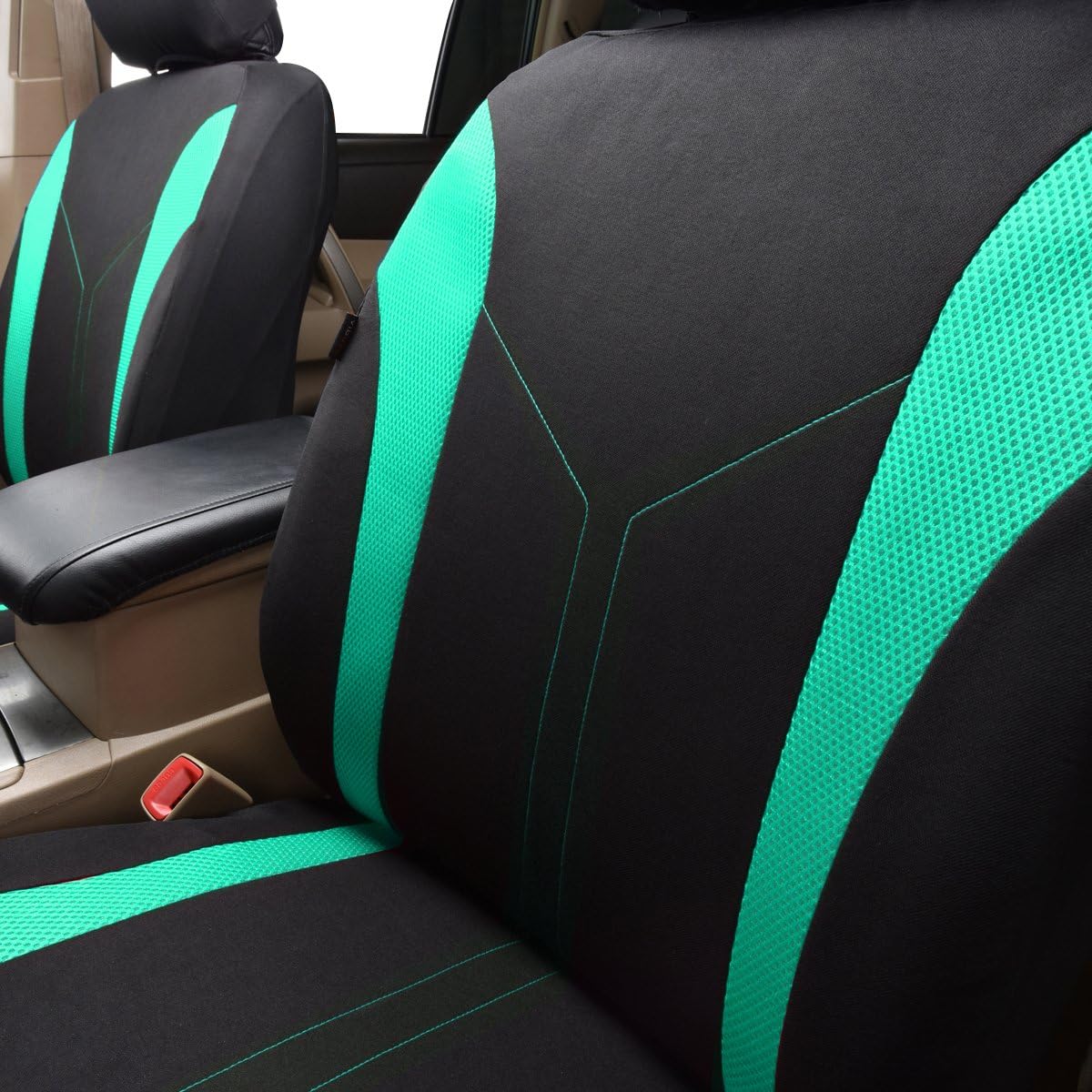 Flying Banner Car Seat Covers Front Seats and Rear Bench Air Mesh Fabric Rear Bench Split Polyester Easy Installation SUV CAR Woman Lady Femal (Black Mint Green, Full Set)