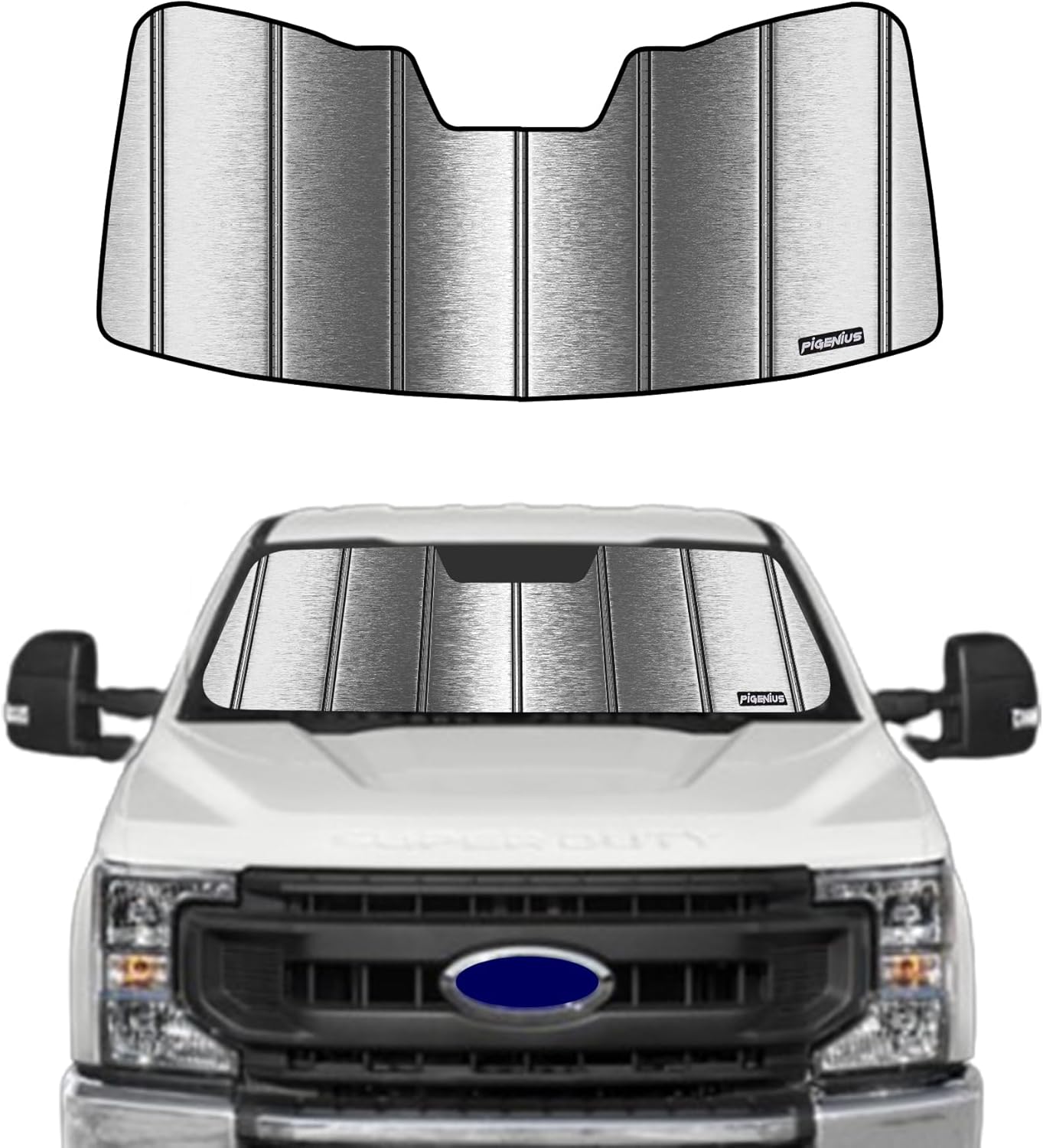Pigenius Front Windshield Sun Shade for 2017-2022 Ford F-250/F-350 Super Duty F250 F350, Ultimate Folding Sunshade - Metallic Silver