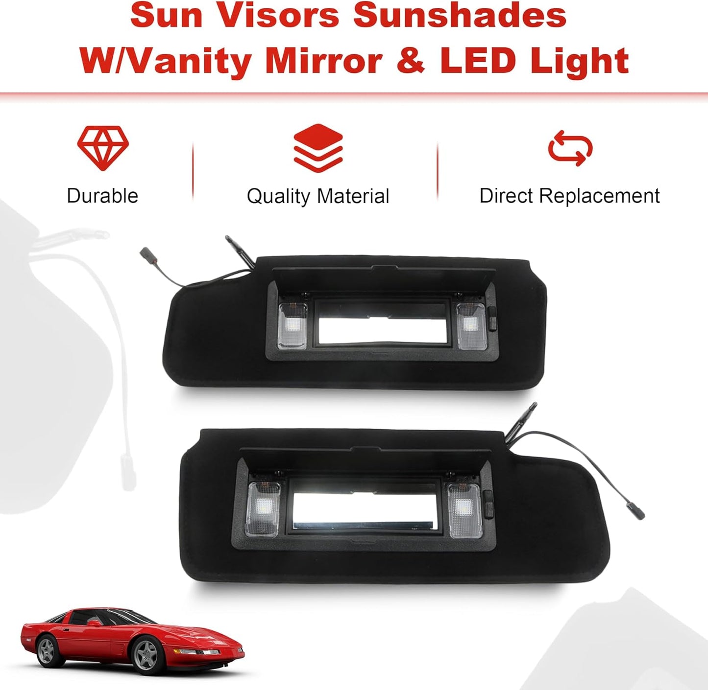 Sun Visors Sunshades W/Vanity Mirror & LED Light for 1984-1996 Corvette C4