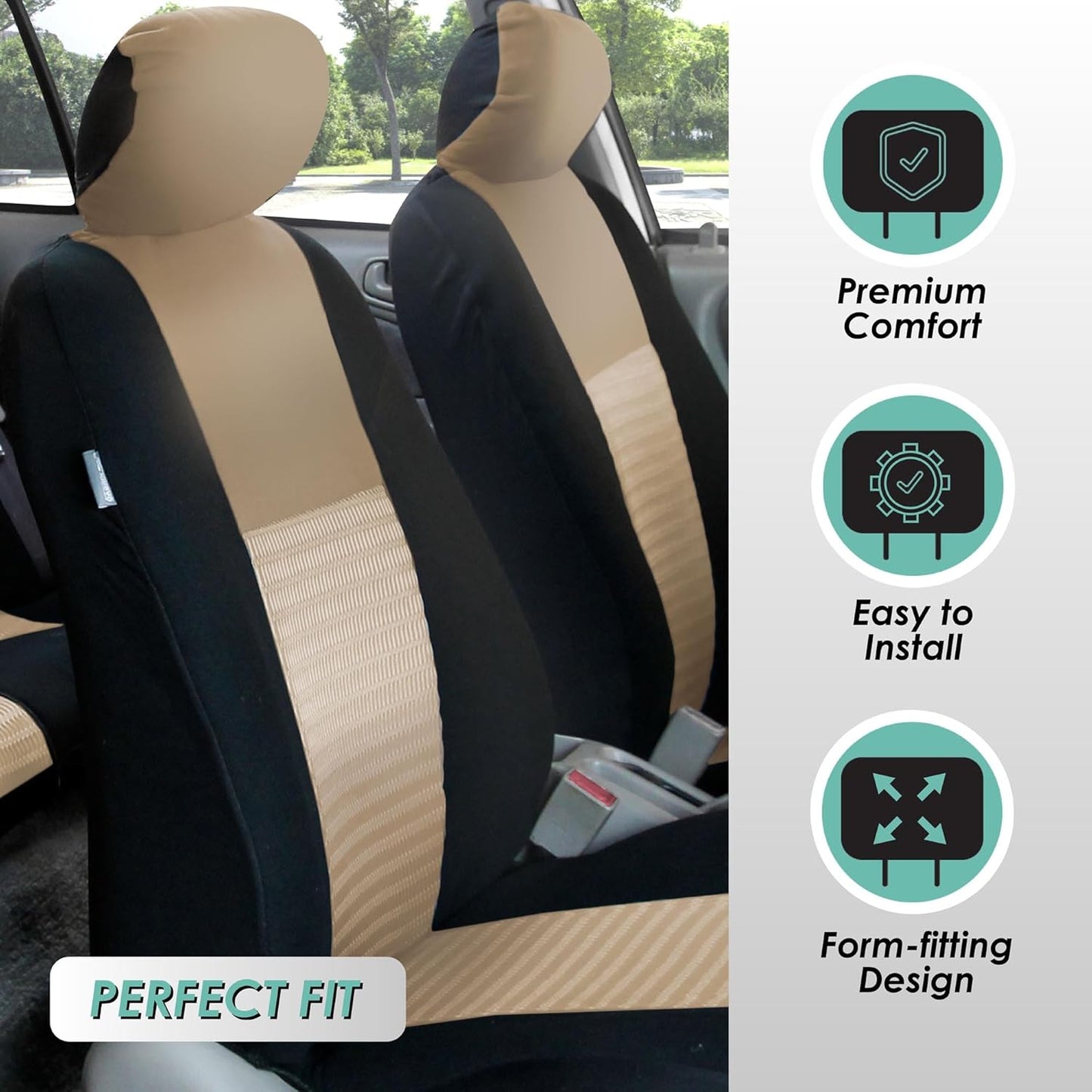 FH Group Car Seat Covers Three Row Set 7 Headrest Covers Car Accessories Universal Fit, Trendy Elegance 3D Air Mesh Airbag Compatible and Split Ready Beige Interior Accessories for Cars Trucks SUV