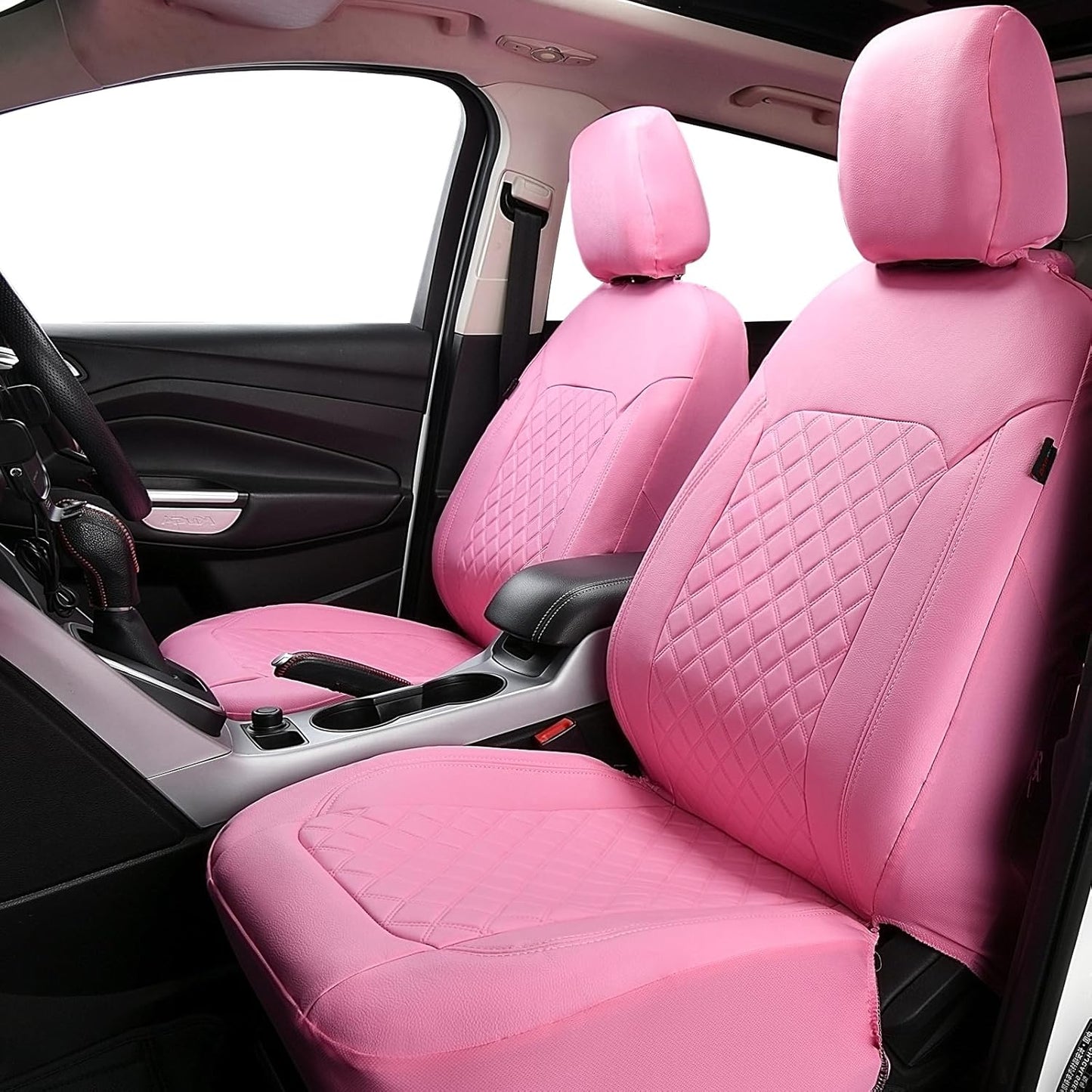 Flying Banner car seat Covers Set Faux Leather Quilted Fashion Easy Bench Split Protectors Sport Fashion (Solid Pink, Full Set - Low Back - Front Arm Rest)