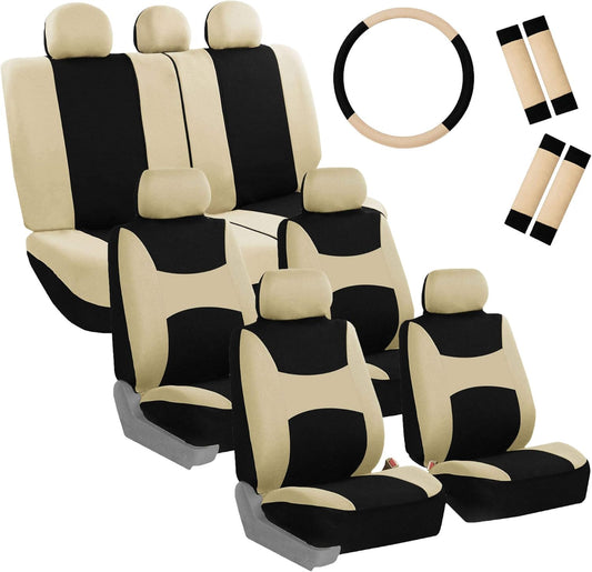 FH Group Light & Breezy Cloth Car Seat Covers, 7 Seater Three Row Set- Airbag & Split Ready -Universal for Cars Trucks and SUVs Beige/Black