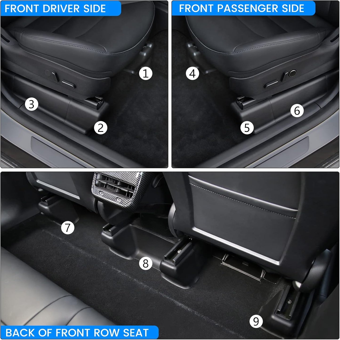 Shademax 9PCS Seat Slide Rail Pad Cover for Tesla Model Y 2020-2024 2025 Under Seat Slide Rail Protector Seat Track Anti-Kick Wrap Corner Protection Strip Scuff Plates Interior Accessories