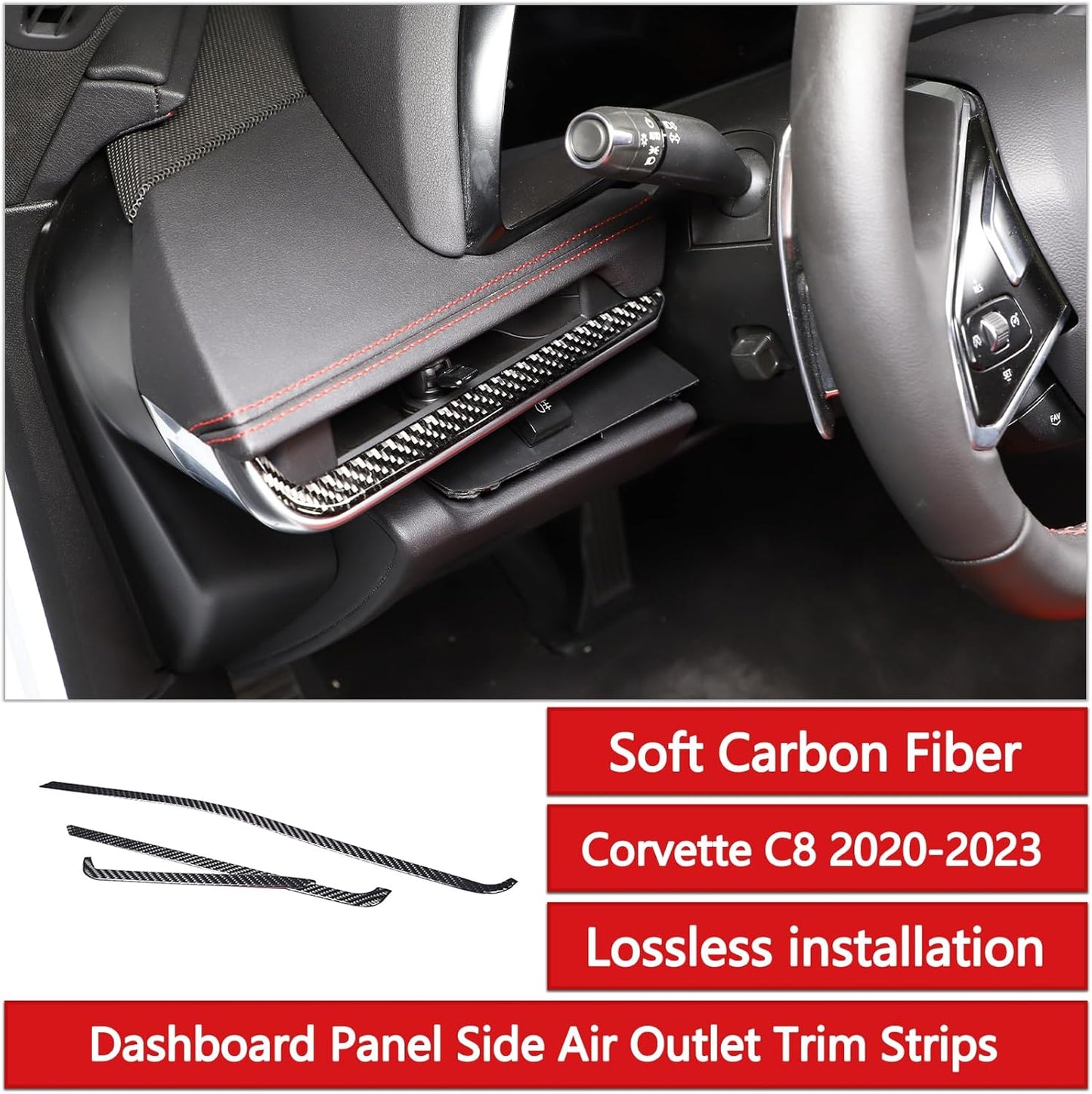Dashboard Panel Trim Strip Soft Carbon Fiber 3PCS Compatible with Corvette C8 Stingray 2020-2023 Center Console Side Air Outlet Sticker Trim Accessories (Black Carbon)