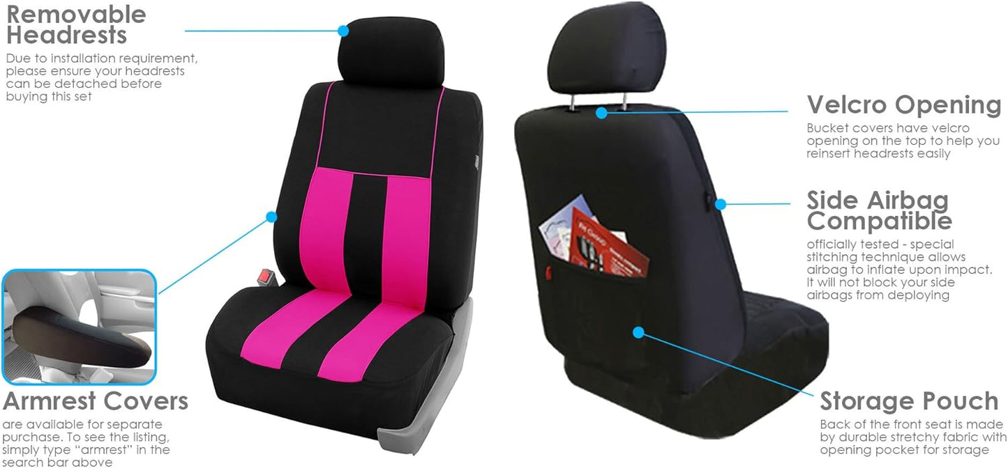 FH Group Three Row 7 Seater Combo Set Striking Striped Car Seat Covers with Steering Wheel Cover and Seat Belt Pads - Universal Fit for Most Cars, Trucks, SUVs or Vans Pink/Black