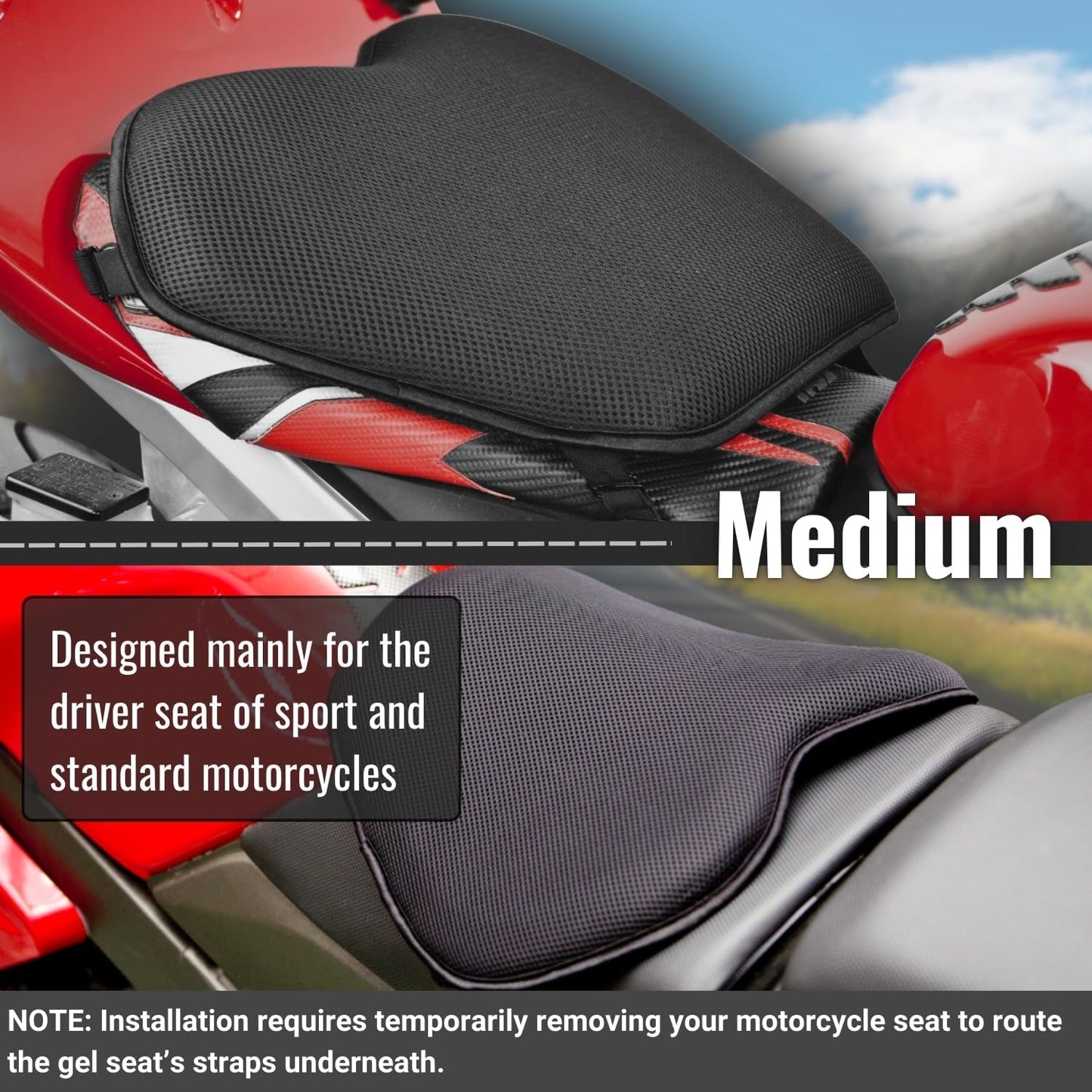 GEARS X-Tender Motorcycle Gel Seat Pad for Main Rider Seat Comfort on Standard Motorcycles, Sportbikes, Hyperbikes & Street Bikes | Shock Absorbing Cushion for Long Rides, Easy Install (Medium)