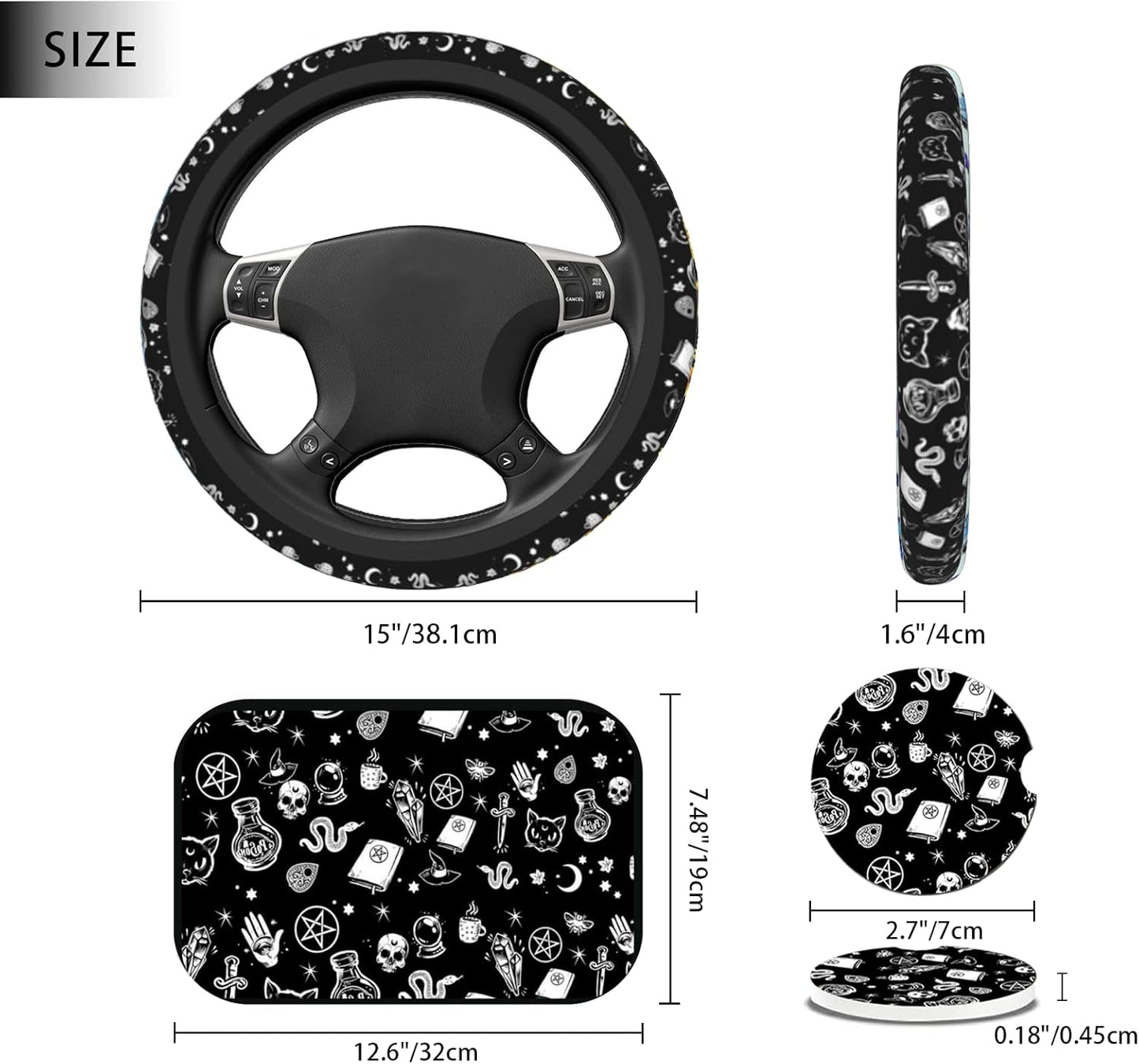 8PCS Gothic Car Accessories Interior Include Universal Steering Wheel Cover Front Car Seat Cover Shoulder Pads Car Coasters Armrest Pad Car Accessories Sets for Women Men Teens