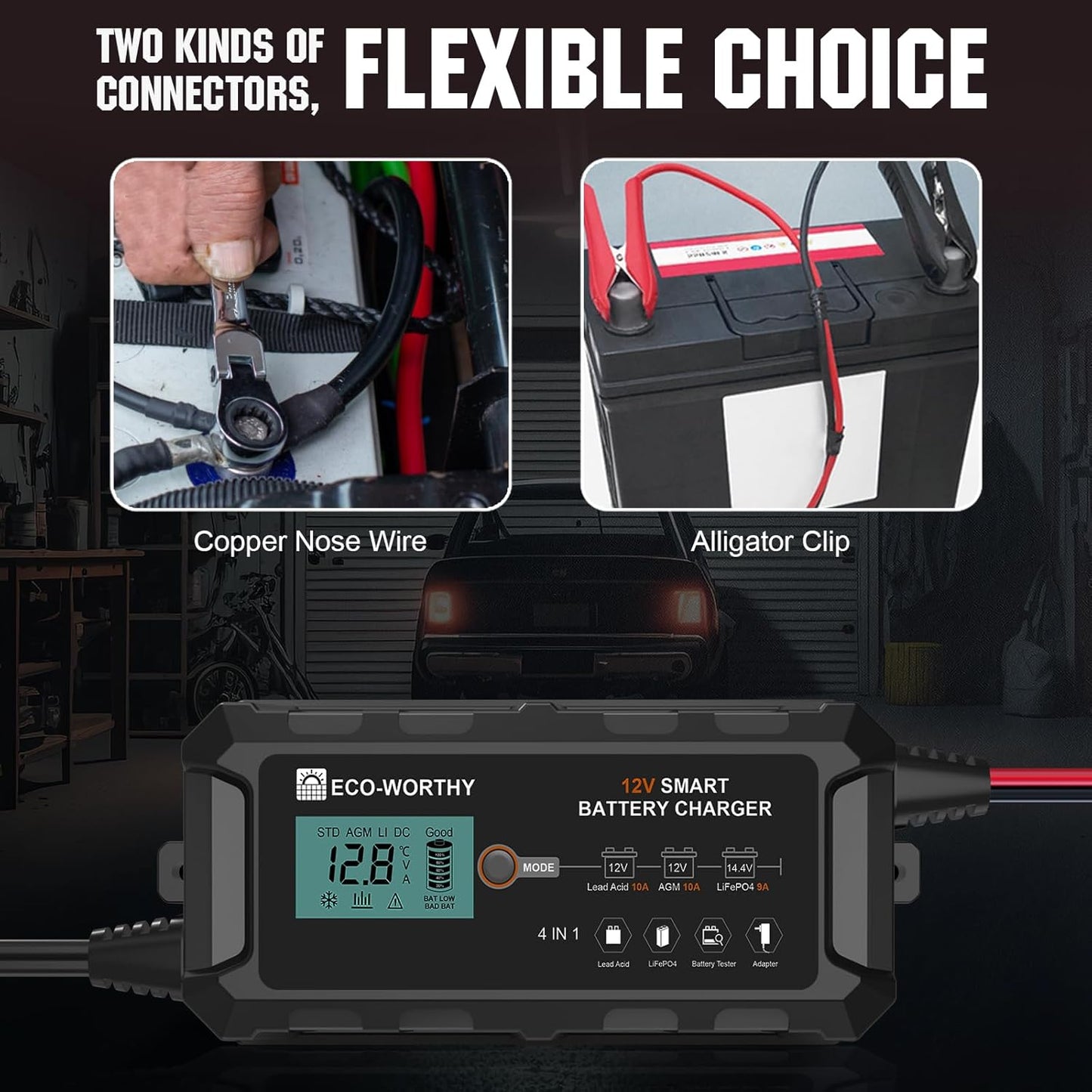 ECO-WORTHY 10Amp 12V Automatic Smart Battery Charger and Maintainer with LCD Display for Lead Acid and Lithium (LiFePO4) Battery