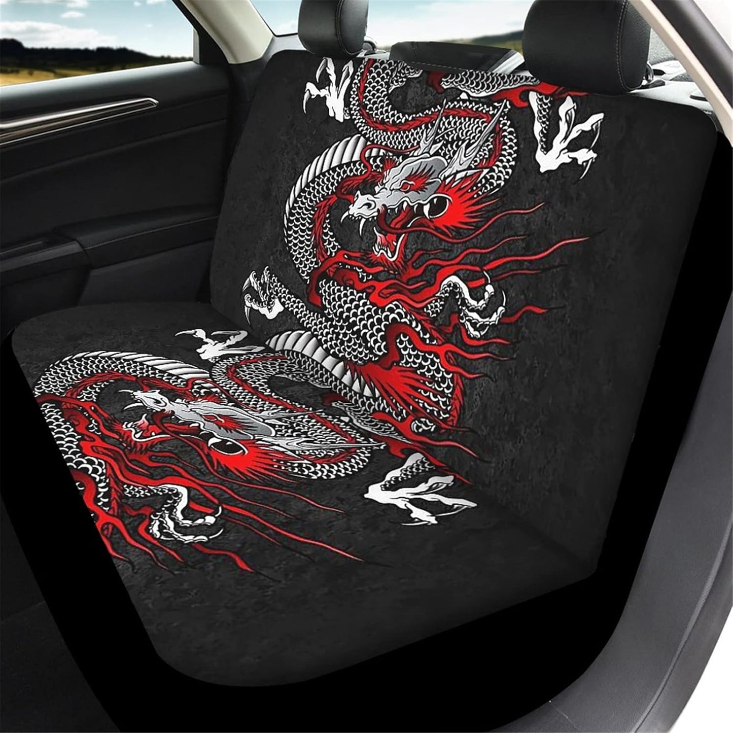AFPANQZ Oriental Dragon Print Car Seat Covers Full Set for Back Seat Front Seats Universal Fit Most Cars SUVs Trucks Vans Comfortable Auto Seat Protection Full Set for Women Men Black Red