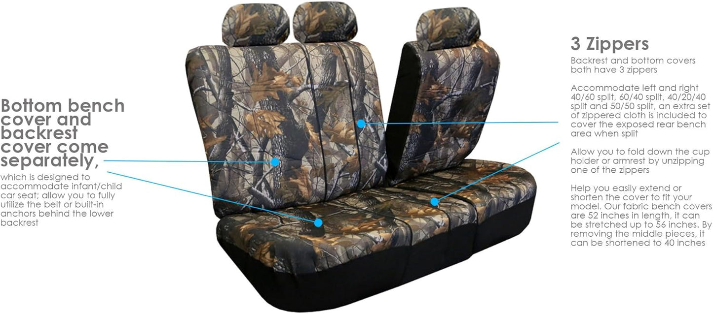 FH Group Hunting Camo Seat Covers w.4 Headrests Airbag Reday Split Bench